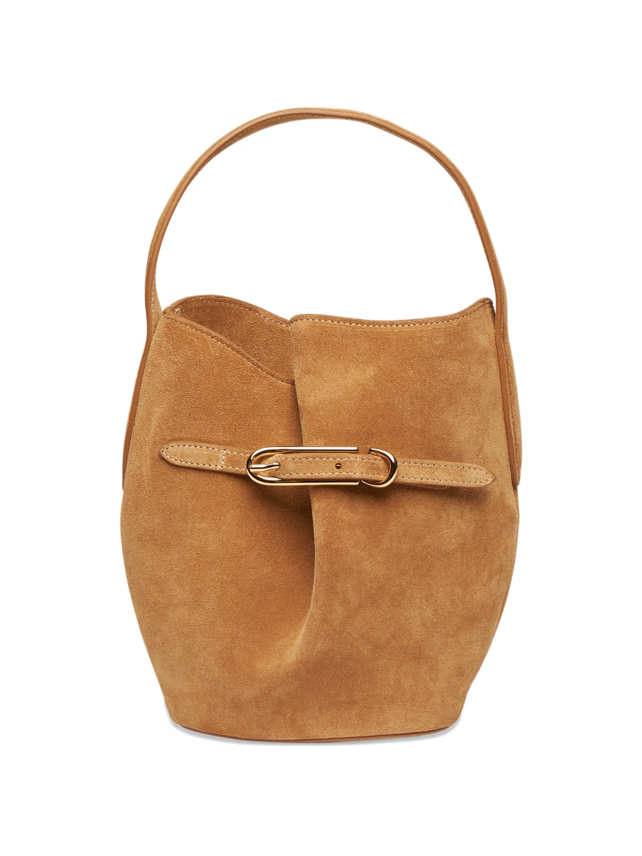 belted suede bucket bag