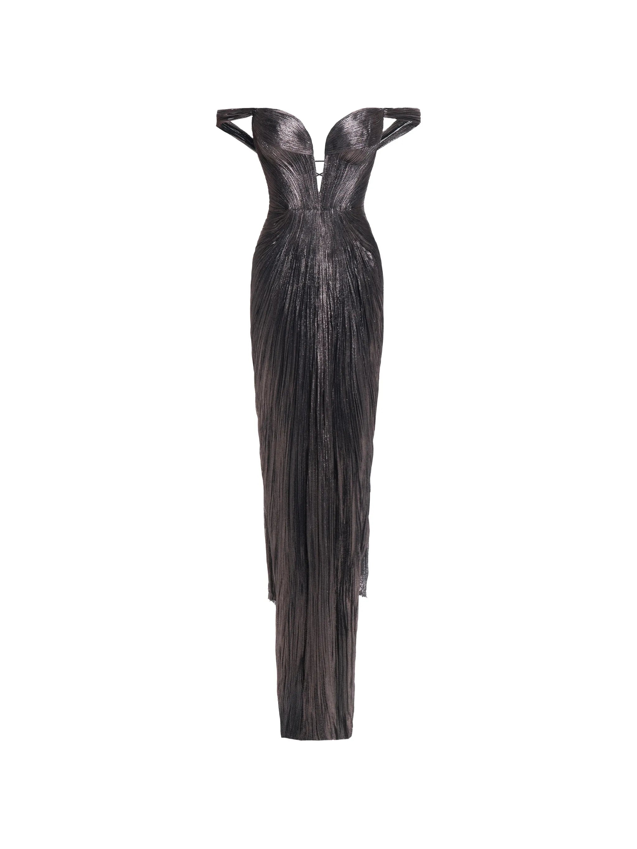 off-shoulder pleated maxi dress