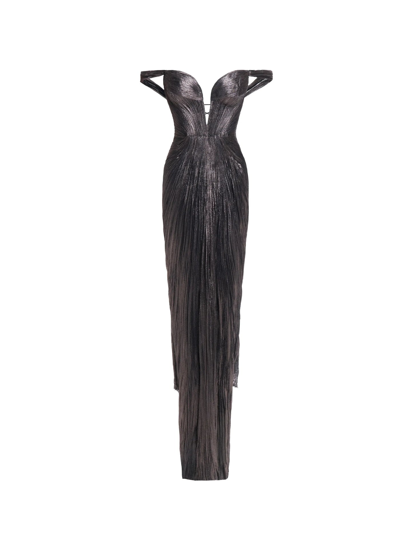 off-shoulder pleated maxi dress