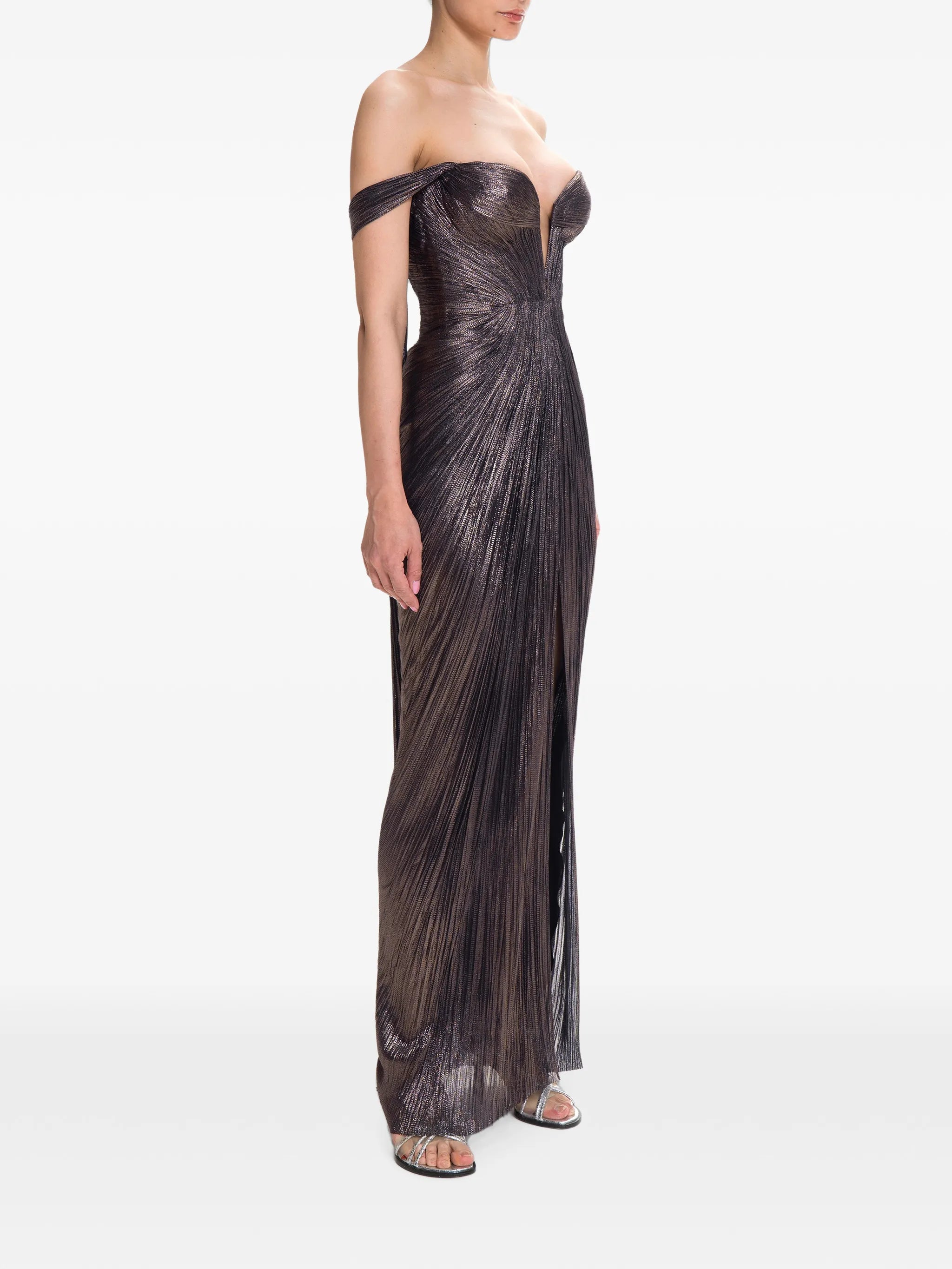 off-shoulder pleated maxi dress