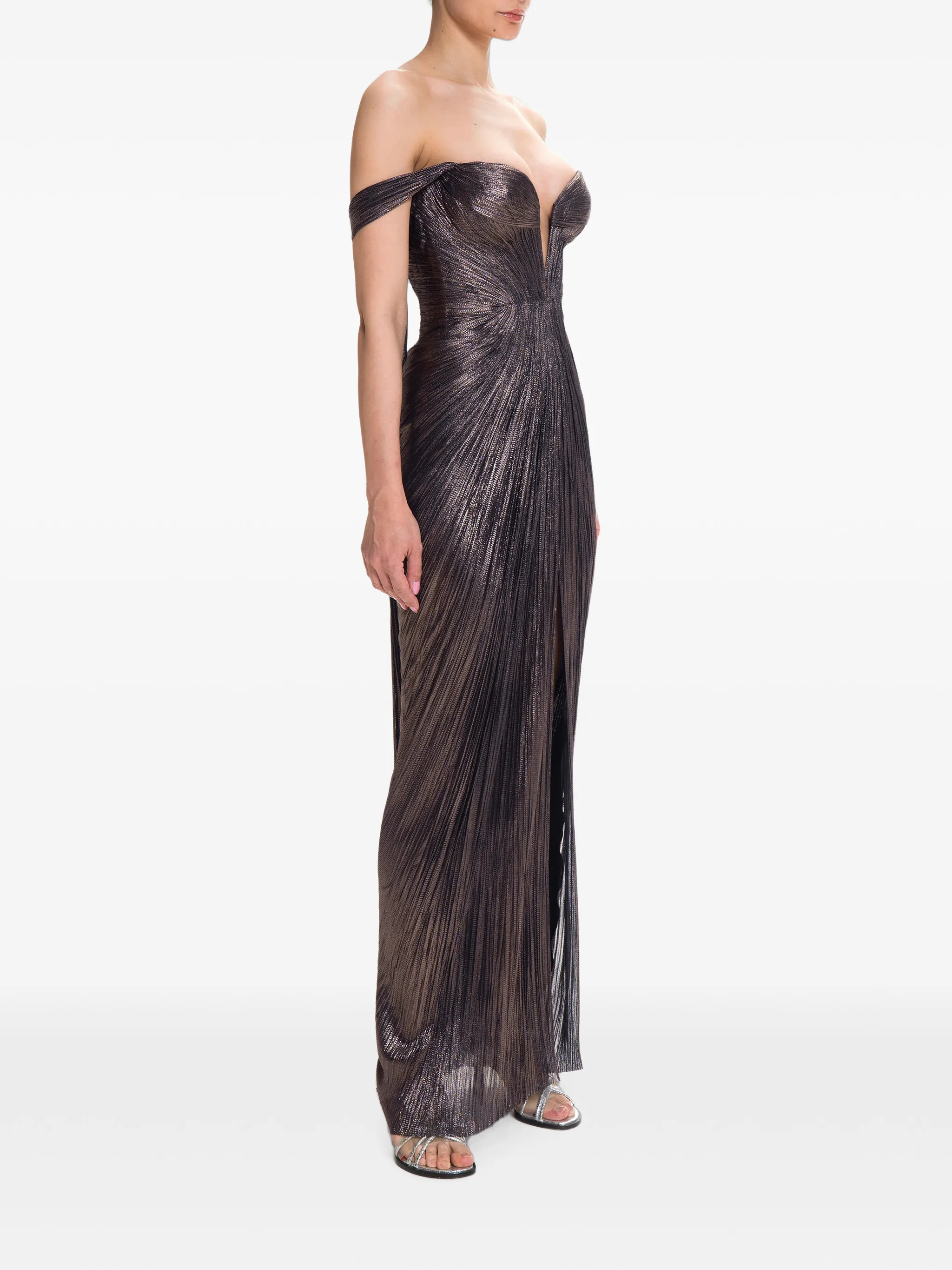 off-shoulder pleated maxi dress