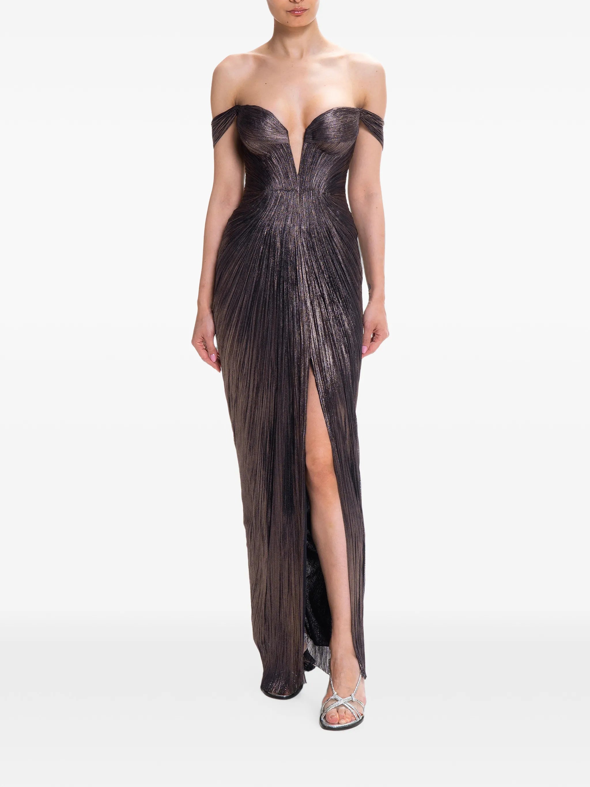 off-shoulder pleated maxi dress