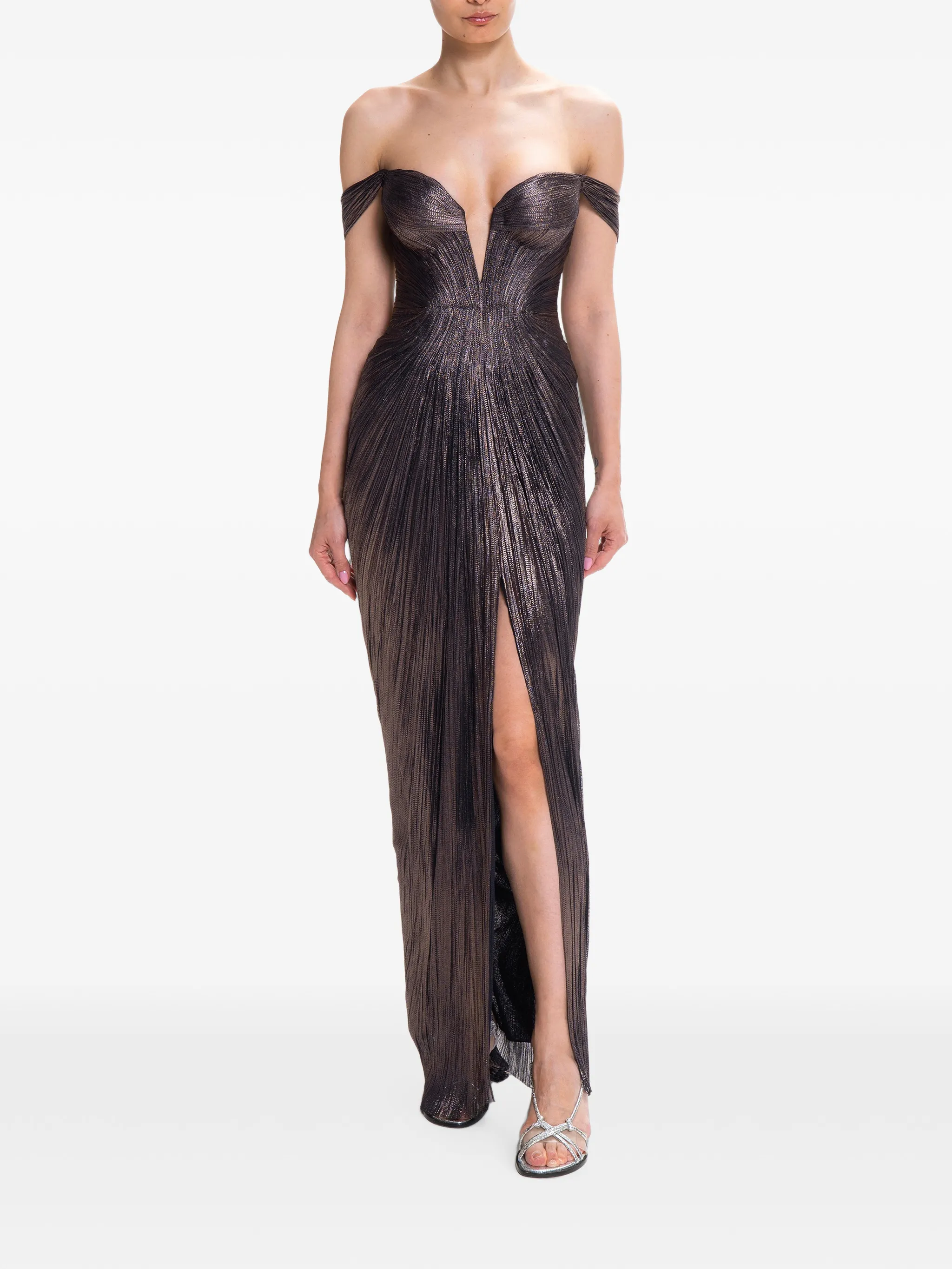 off-shoulder pleated maxi dress
