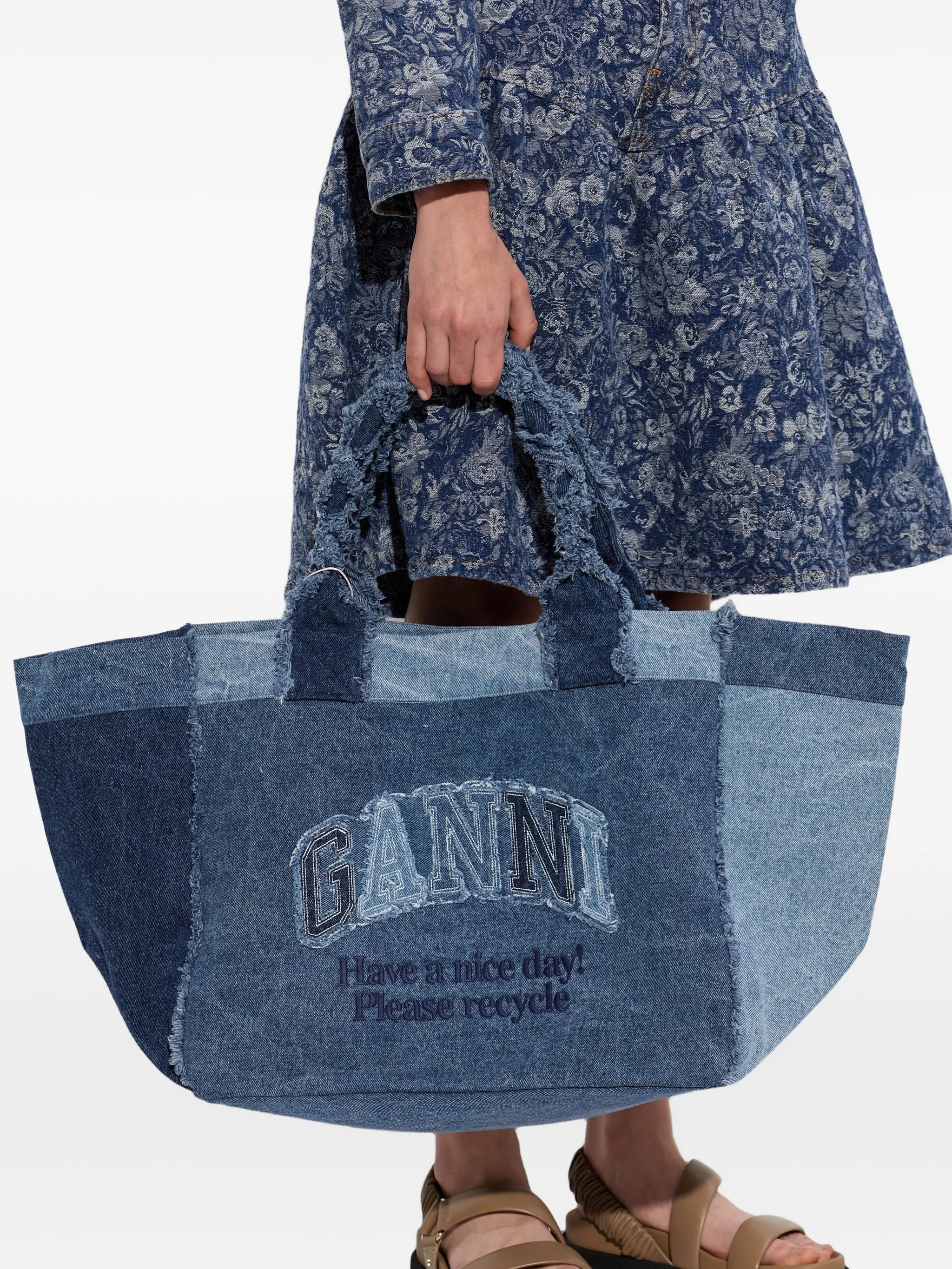 patchwork frayed-edge tote bag