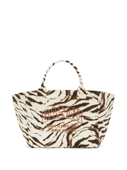 zebra-print logo-embroidered tote bag