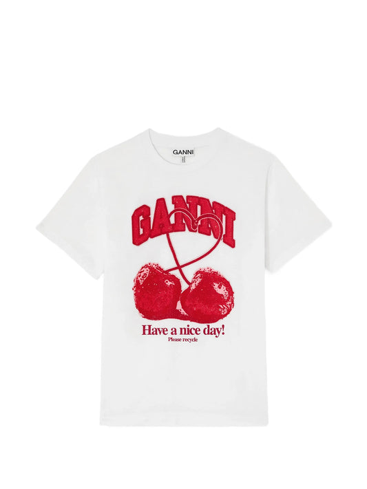 bead-embellished chery-print T-shirt