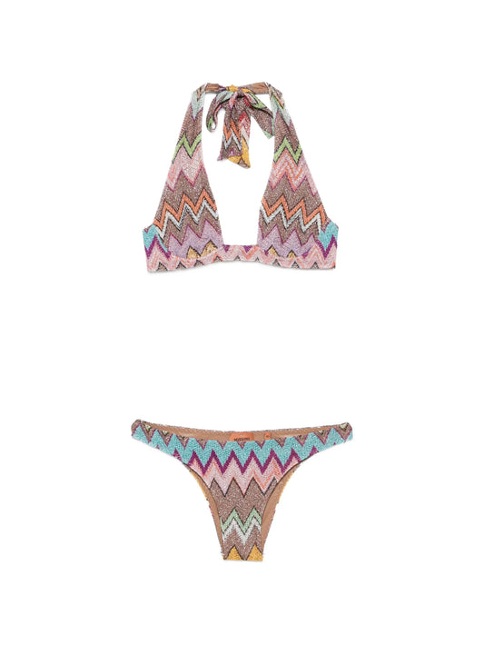 chevron-knit lamé bikini