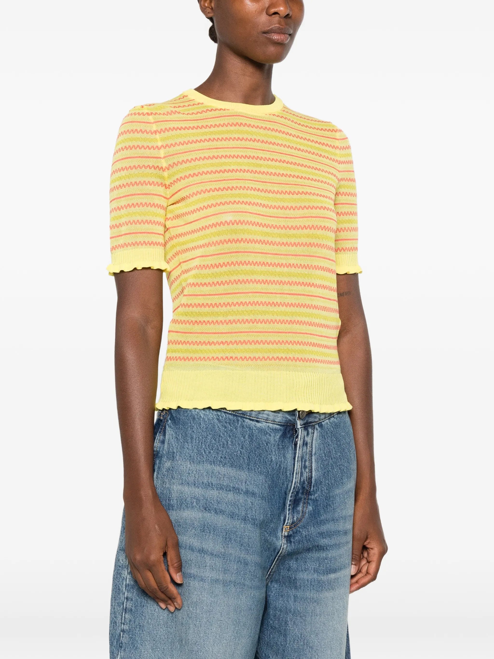 striped ruffle-trim top
