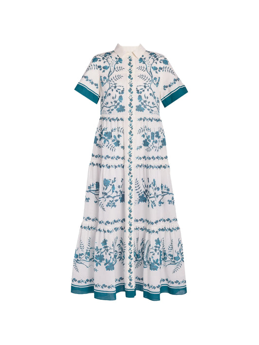 botanical-print tiered maxi shirt-dress