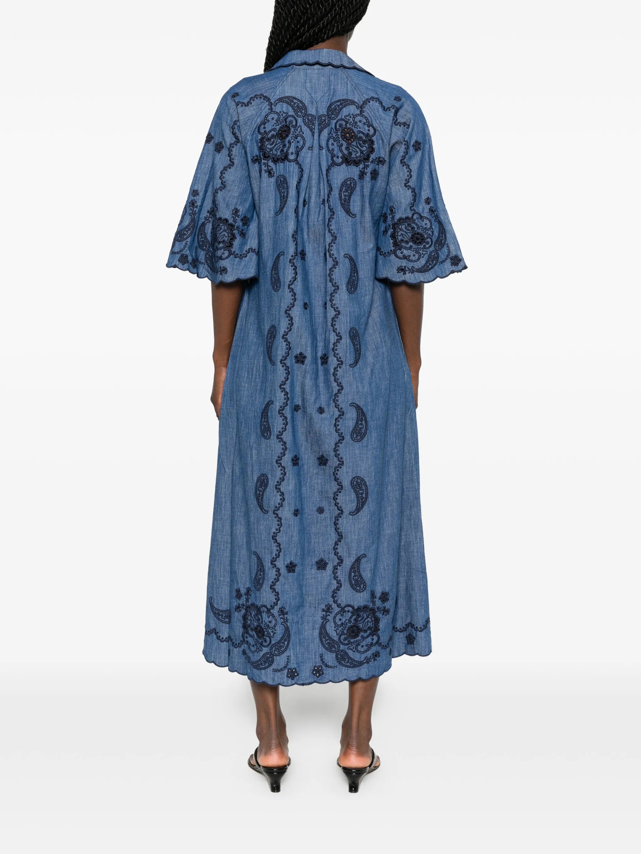 Aster paisley-embroidered scalloped-edge midi dress