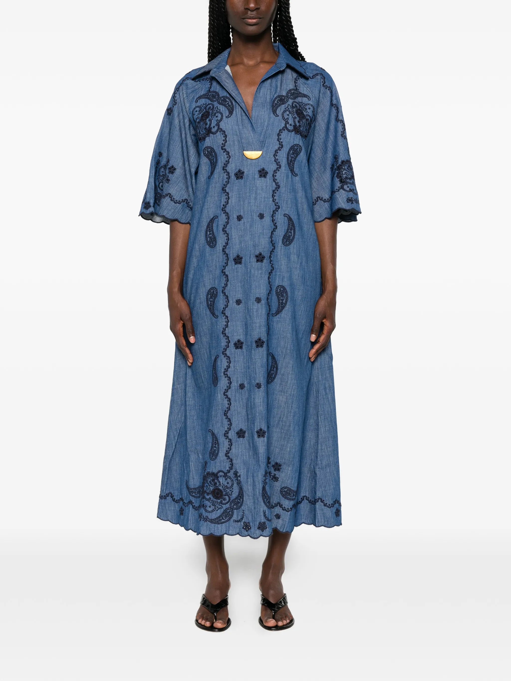 Aster paisley-embroidered scalloped-edge midi dress