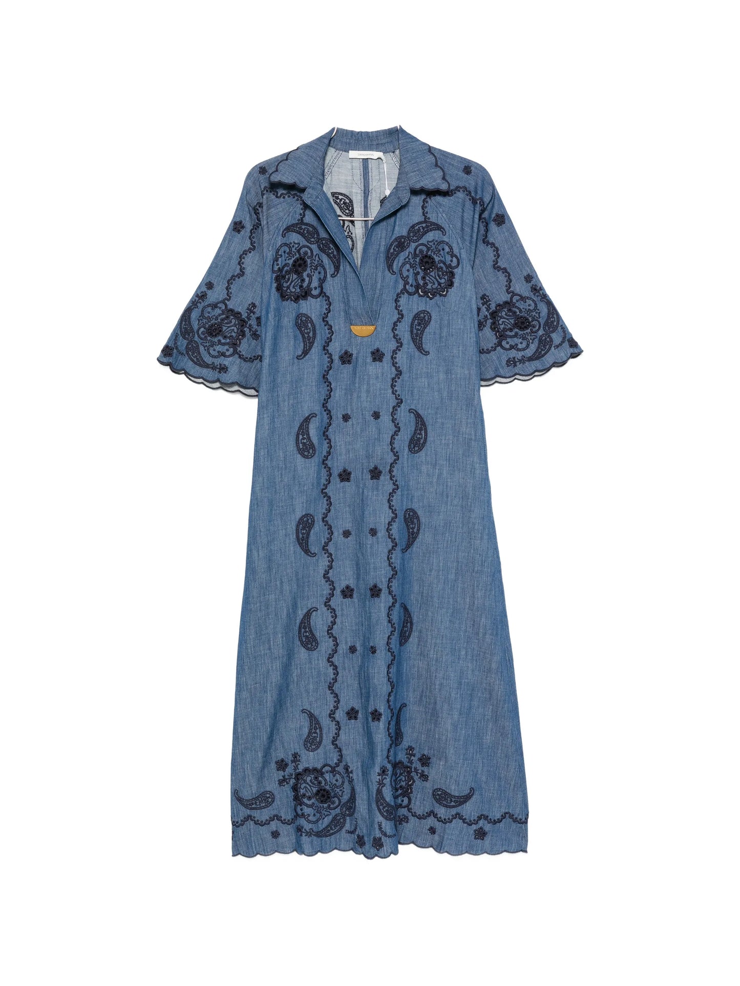 Aster paisley-embroidered scalloped-edge midi dress