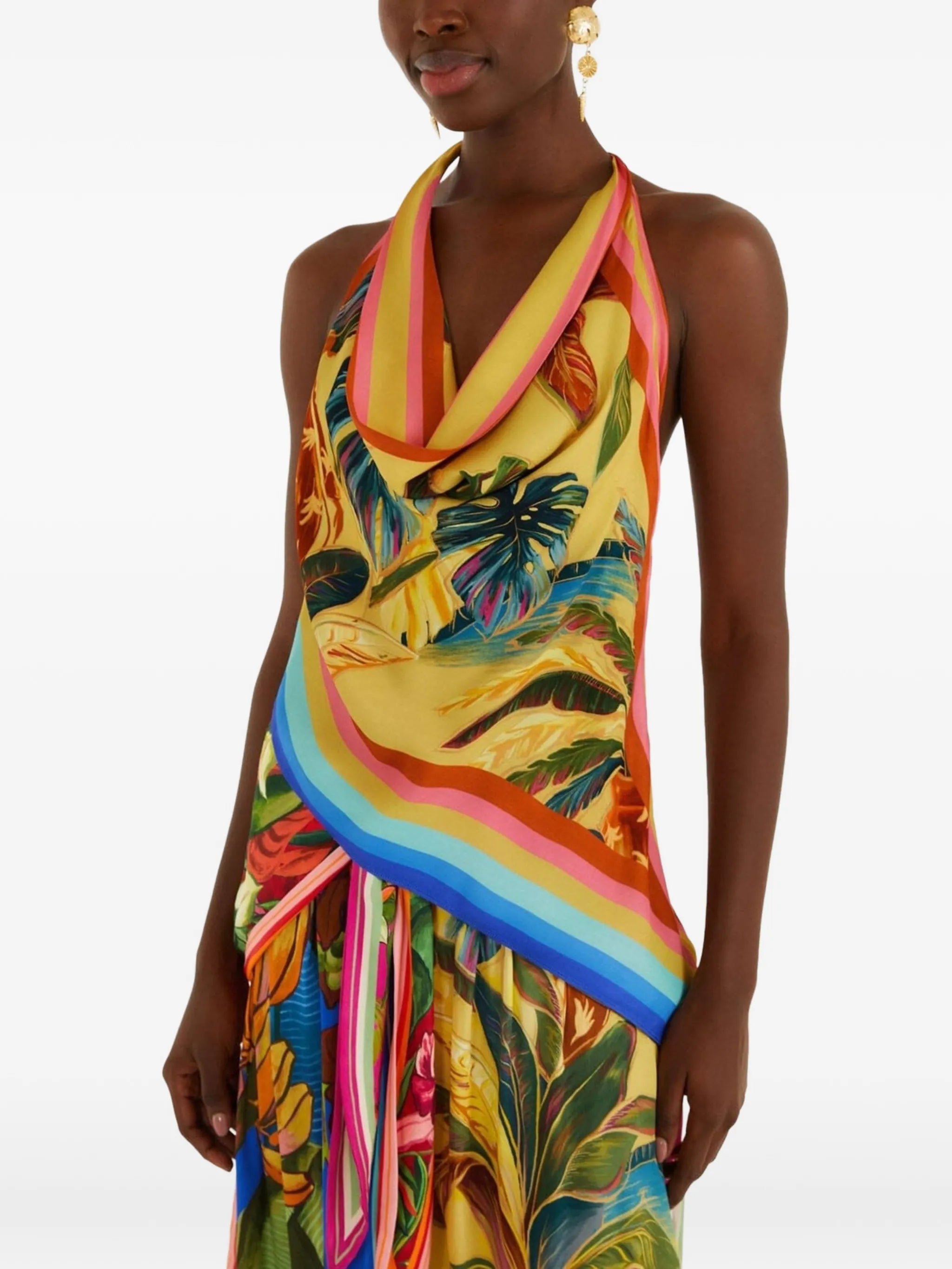 Rainbow tropical-print cowl-neck top