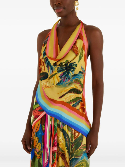 Rainbow tropical-print cowl-neck top