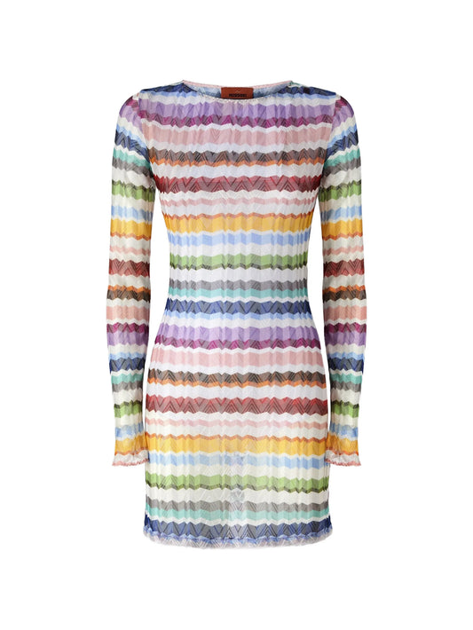 Zigzag-knit long-sleeve beach dress