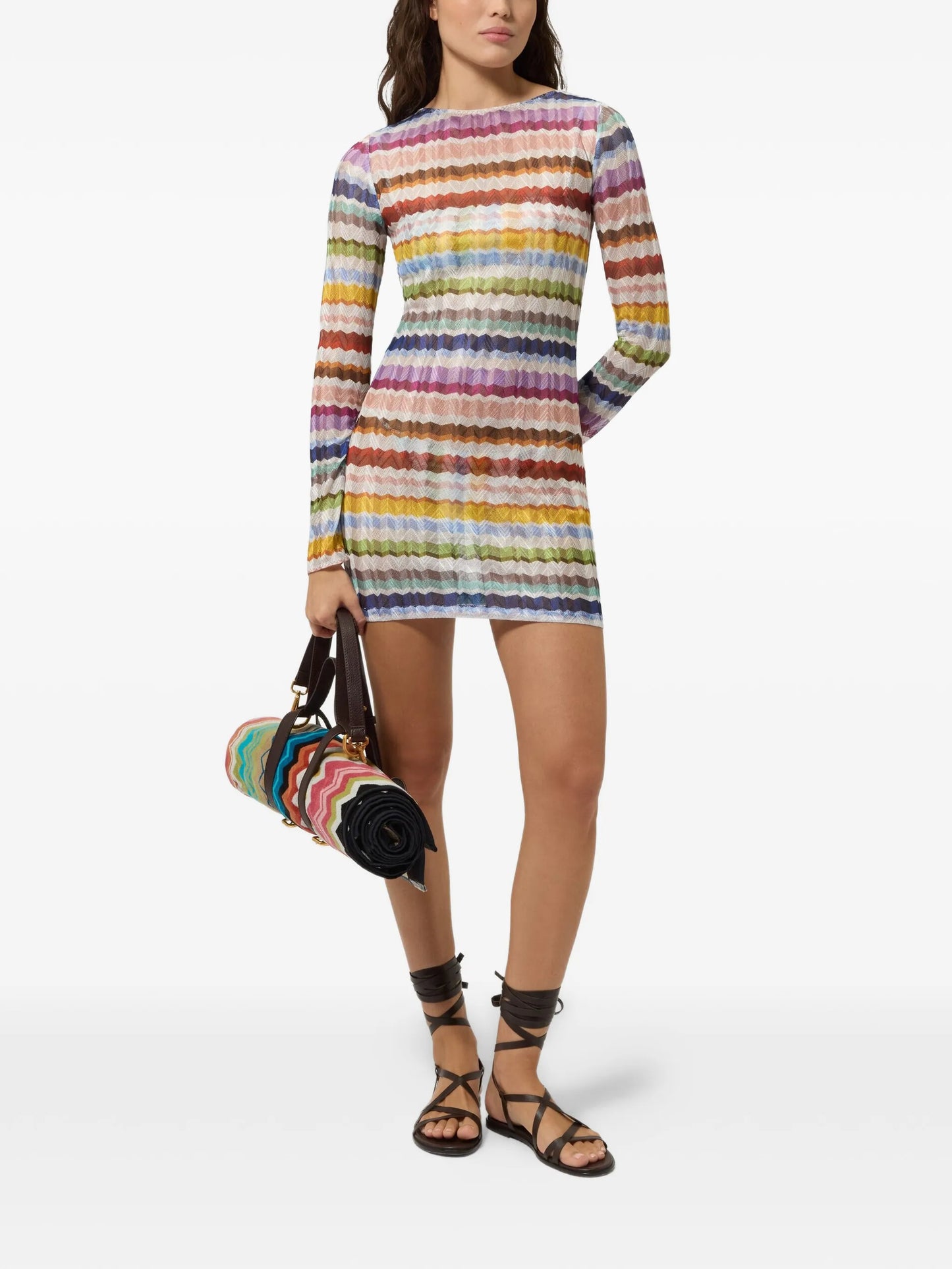 Zigzag-knit long-sleeve beach dress