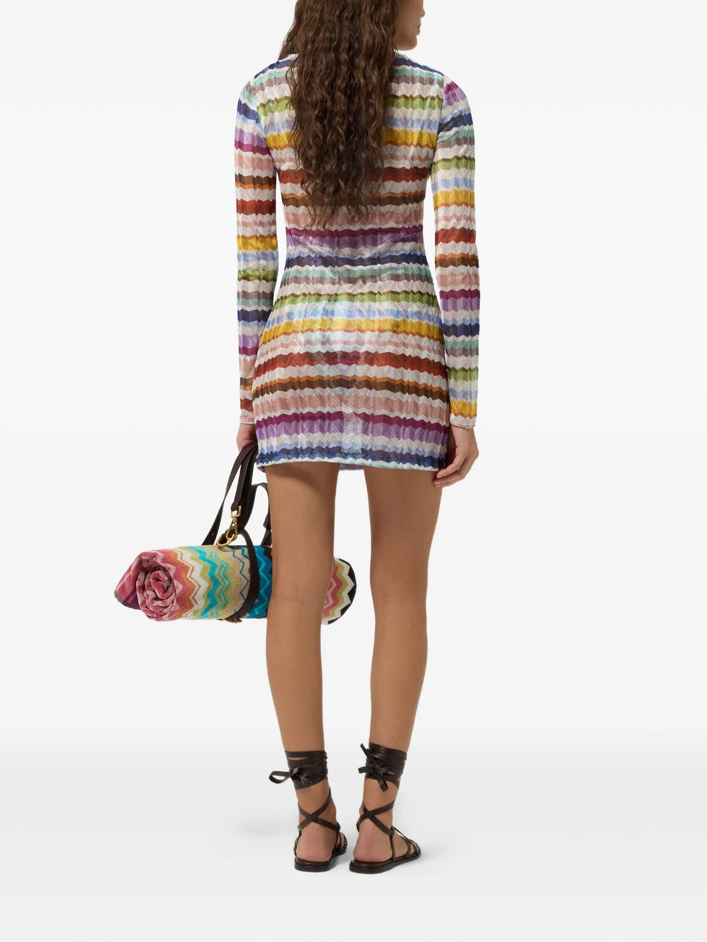 Zigzag-knit long-sleeve beach dress