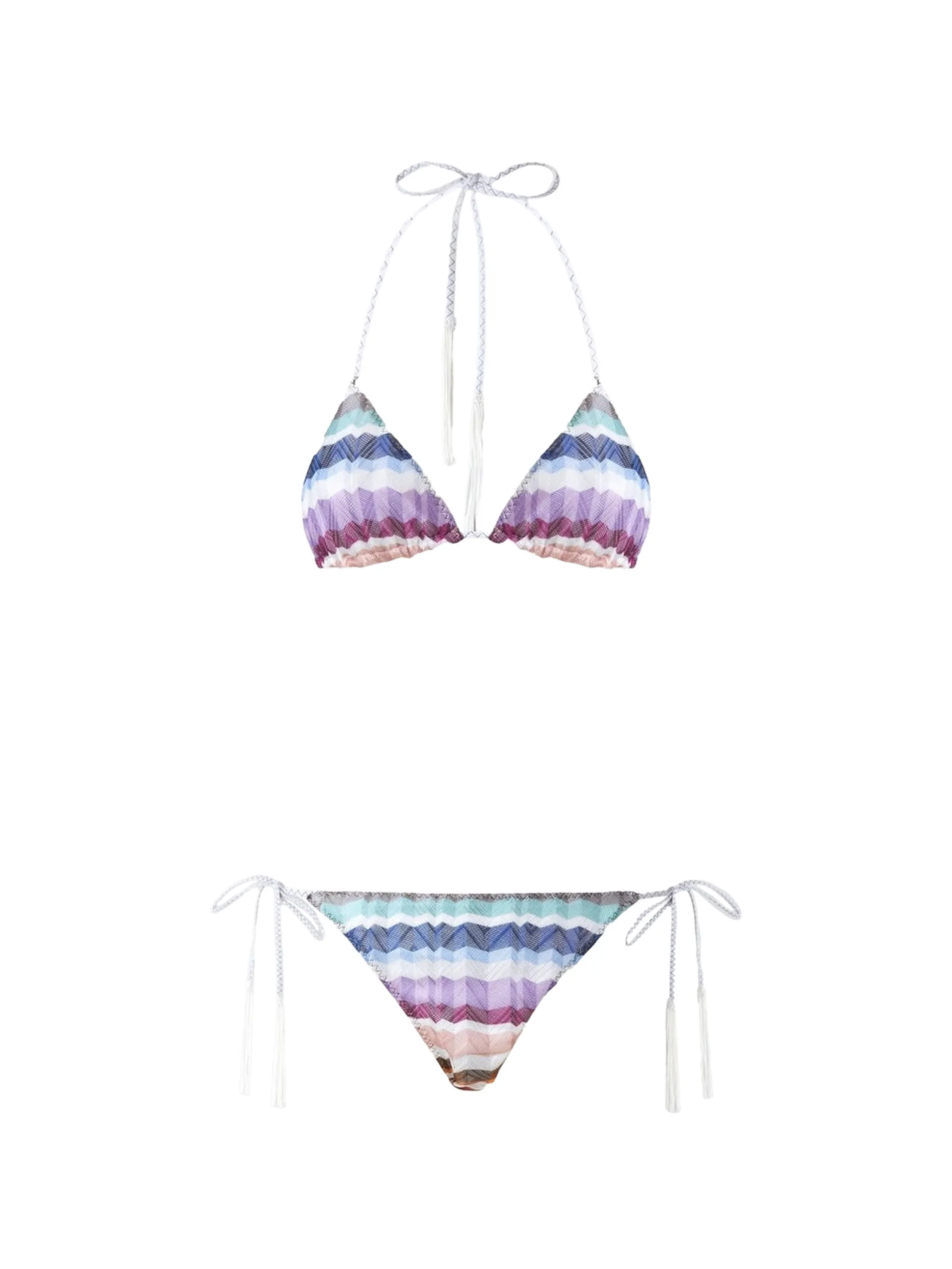 Zigzag tulle triangle bikini with applied tassels