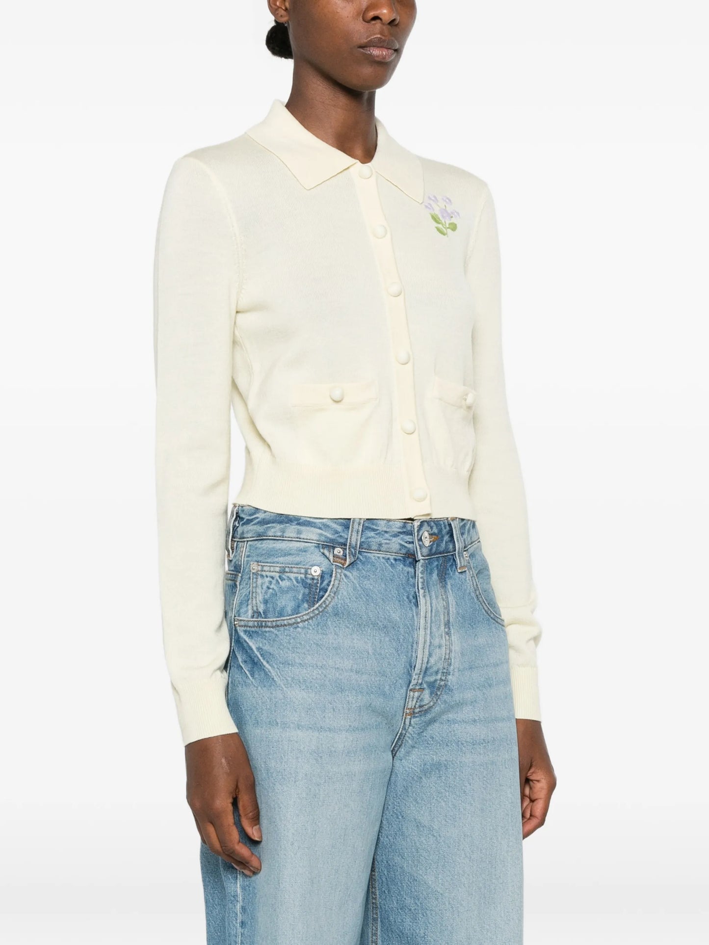 floral-embroidered button-up cardigan