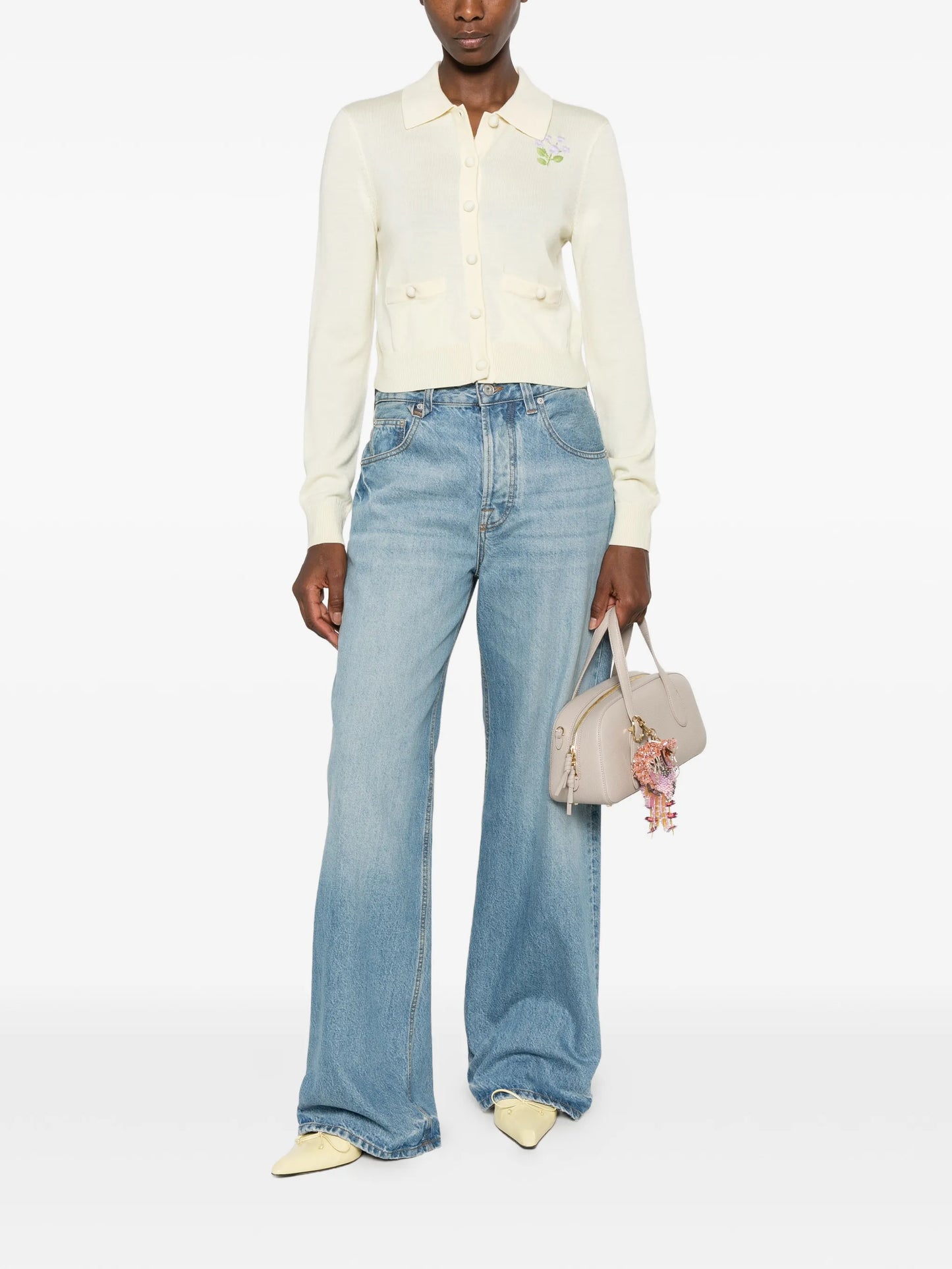 floral-embroidered button-up cardigan