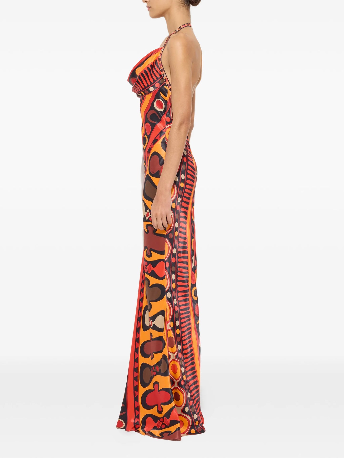 Soleil-print orange satin dress