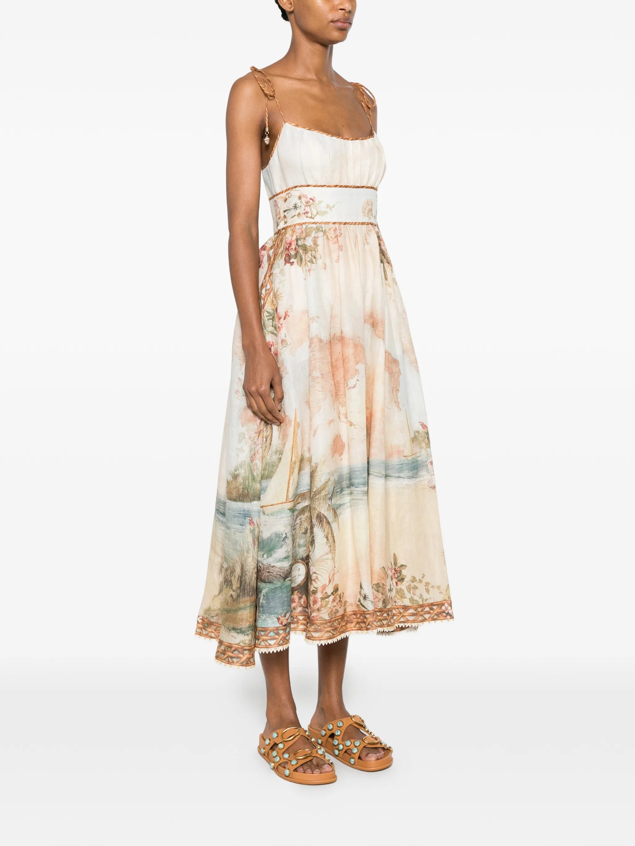 map-print tie-strap dress