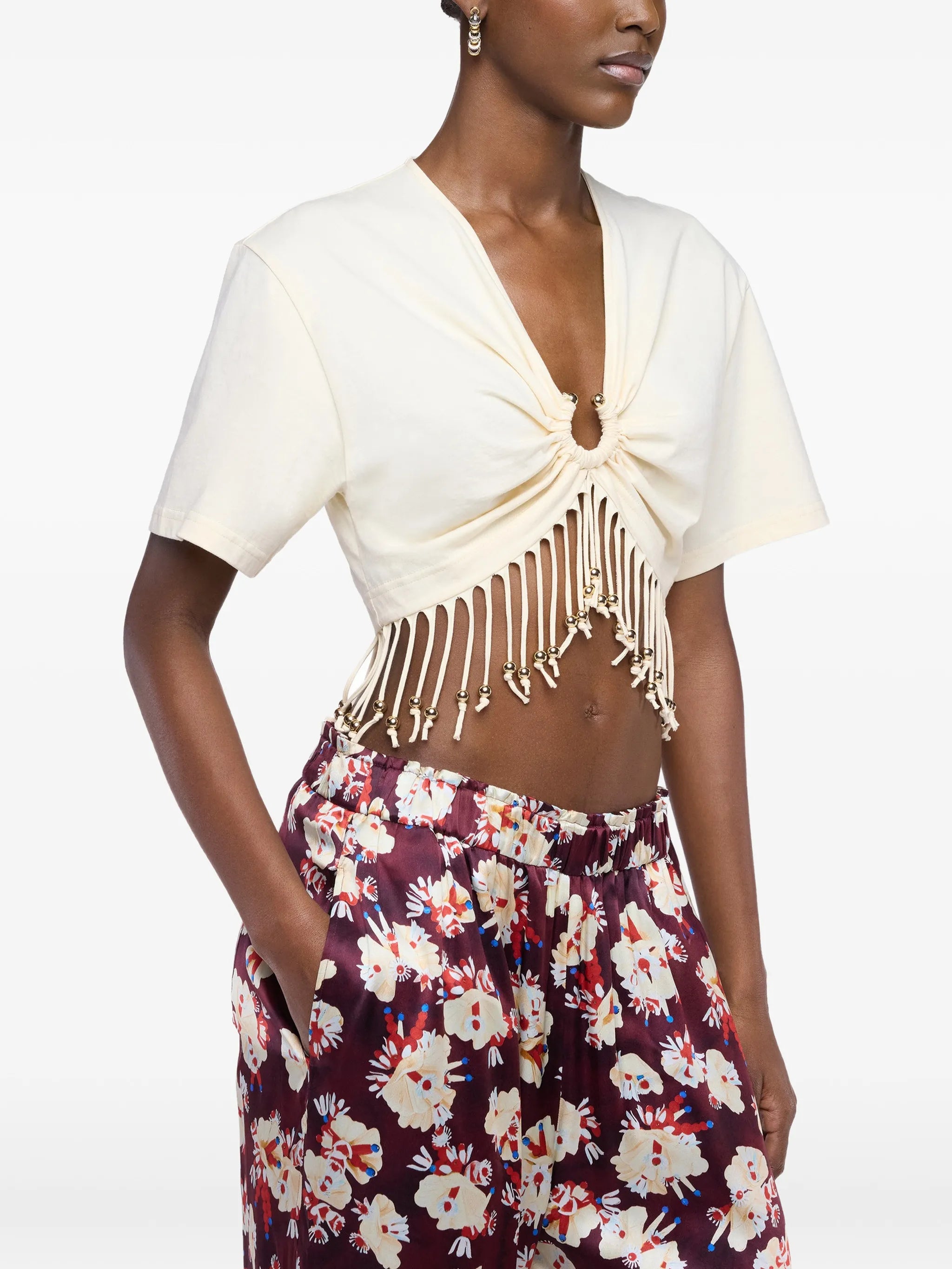 beaded fringe-detail crop top