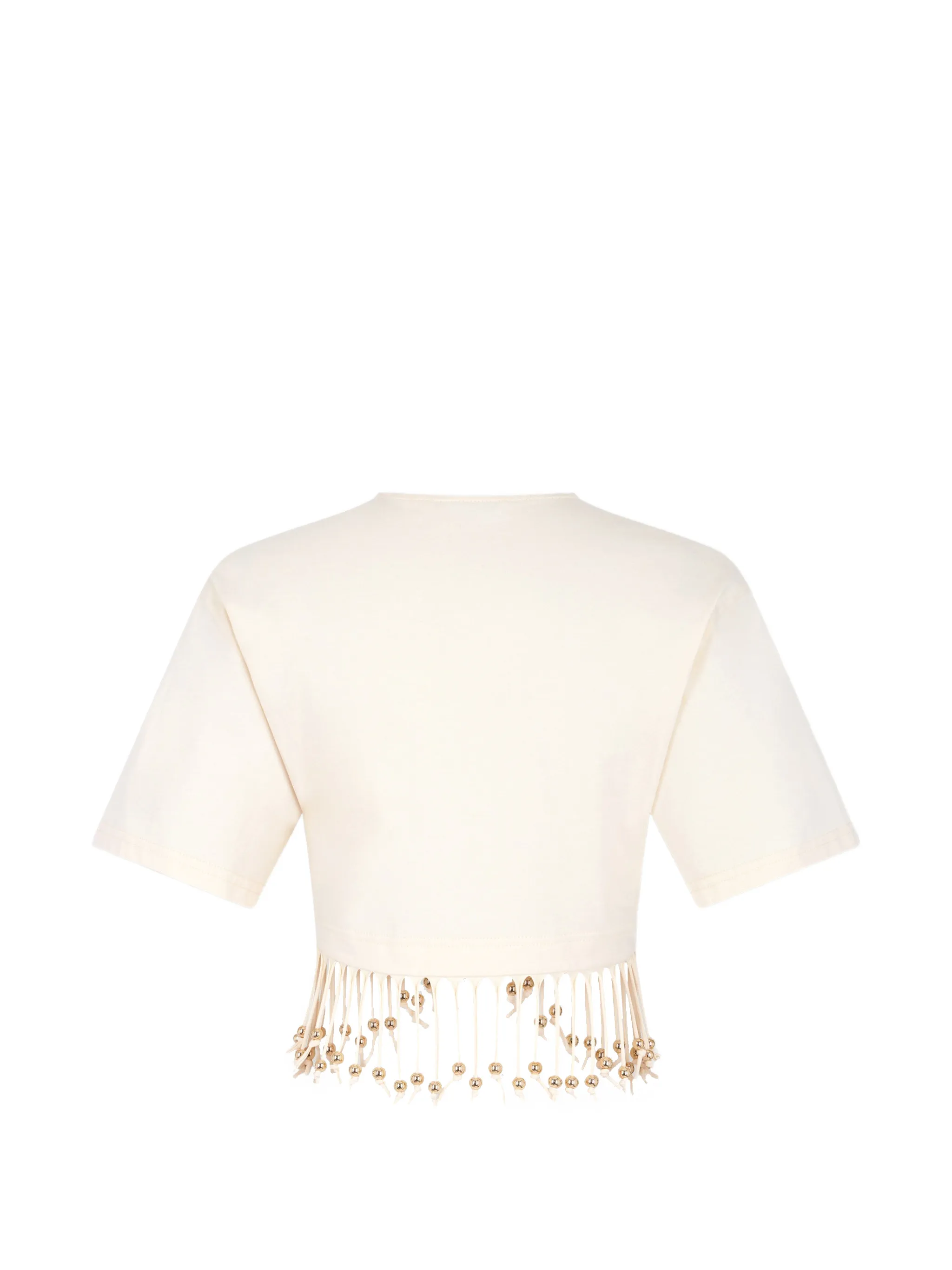 cotton crop top with beaded fringe details