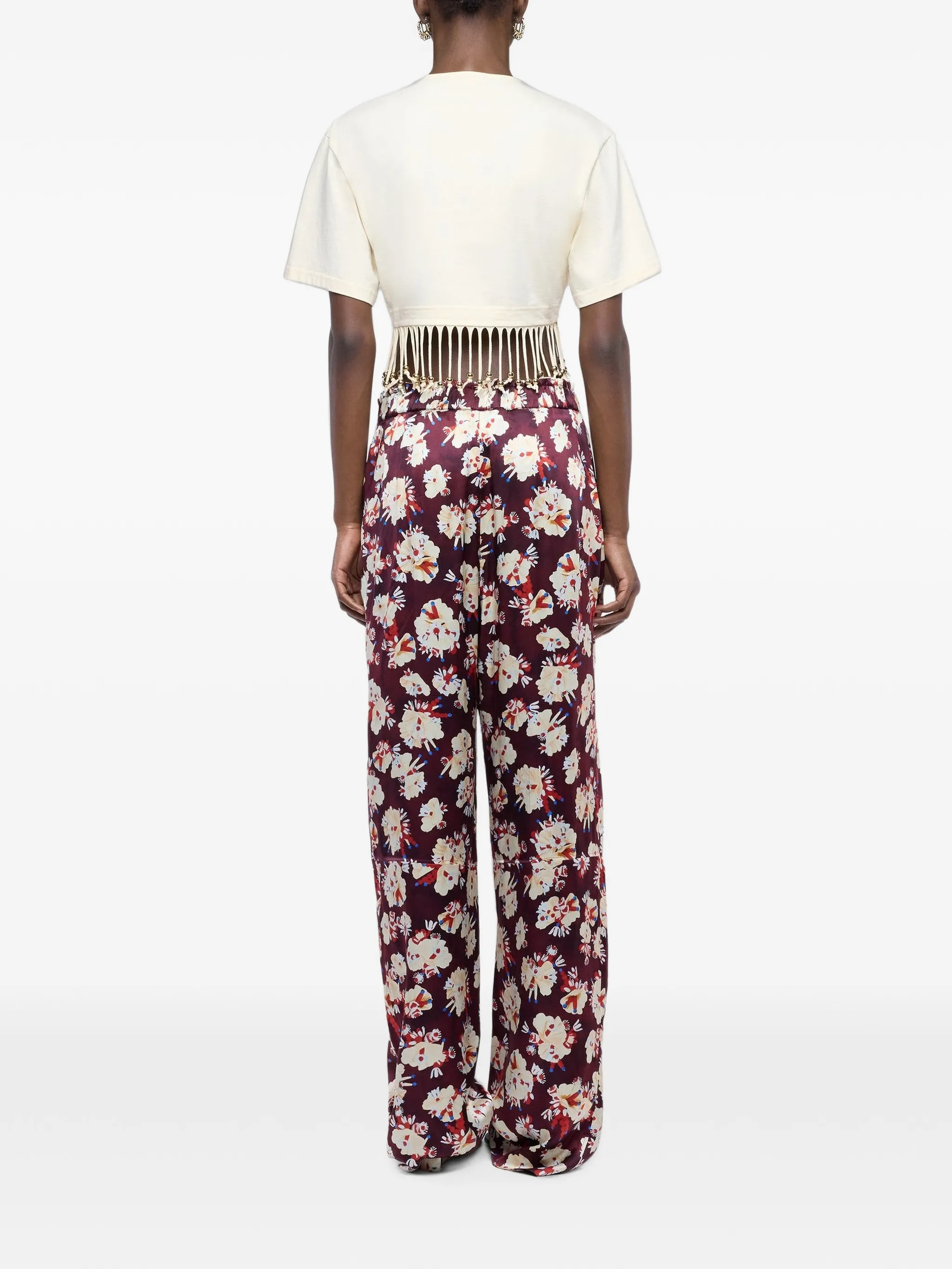 cotton crop top with beaded fringe details