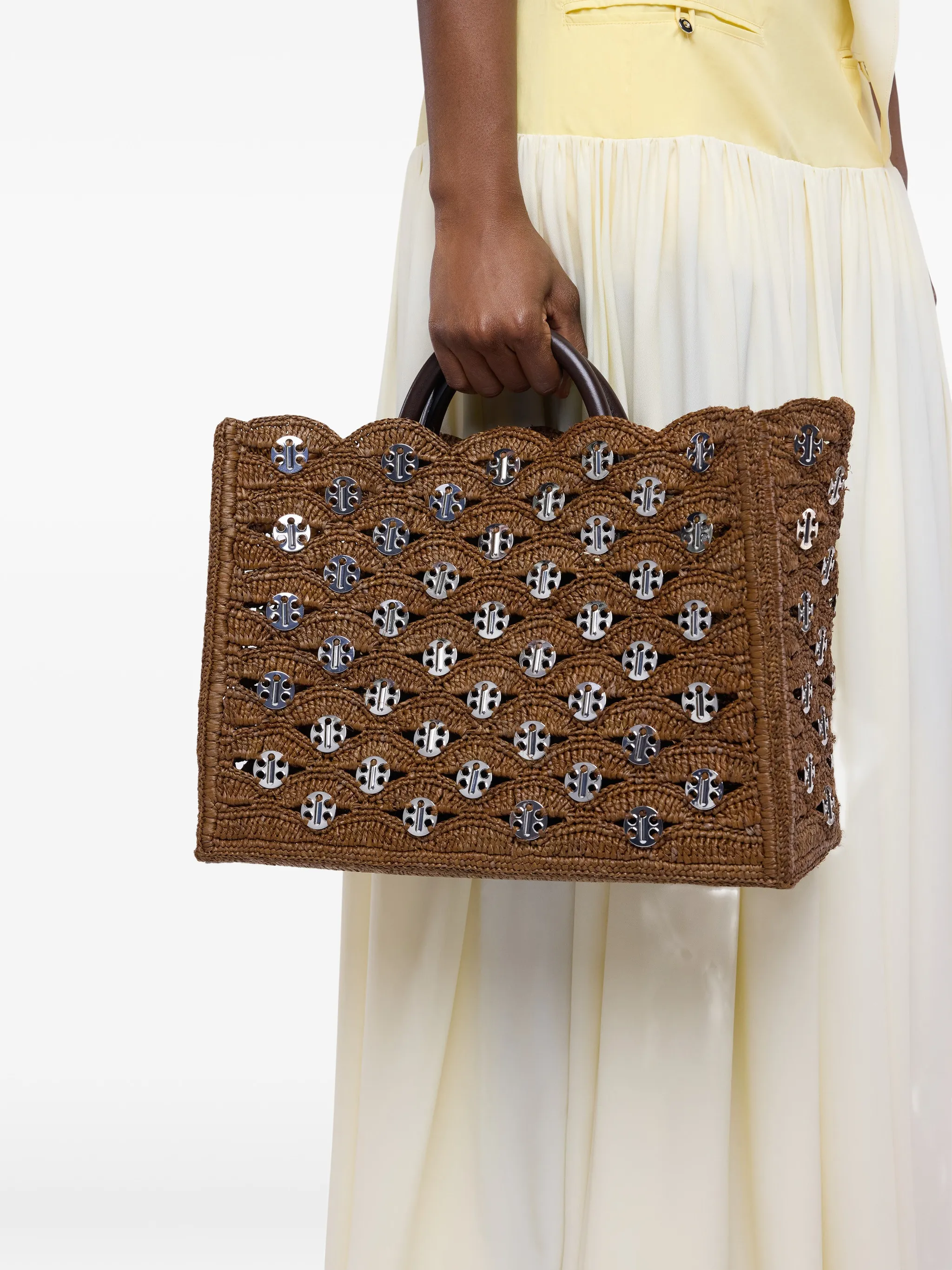 large tote bag in natural raffia with signature Iconic 1969 discs