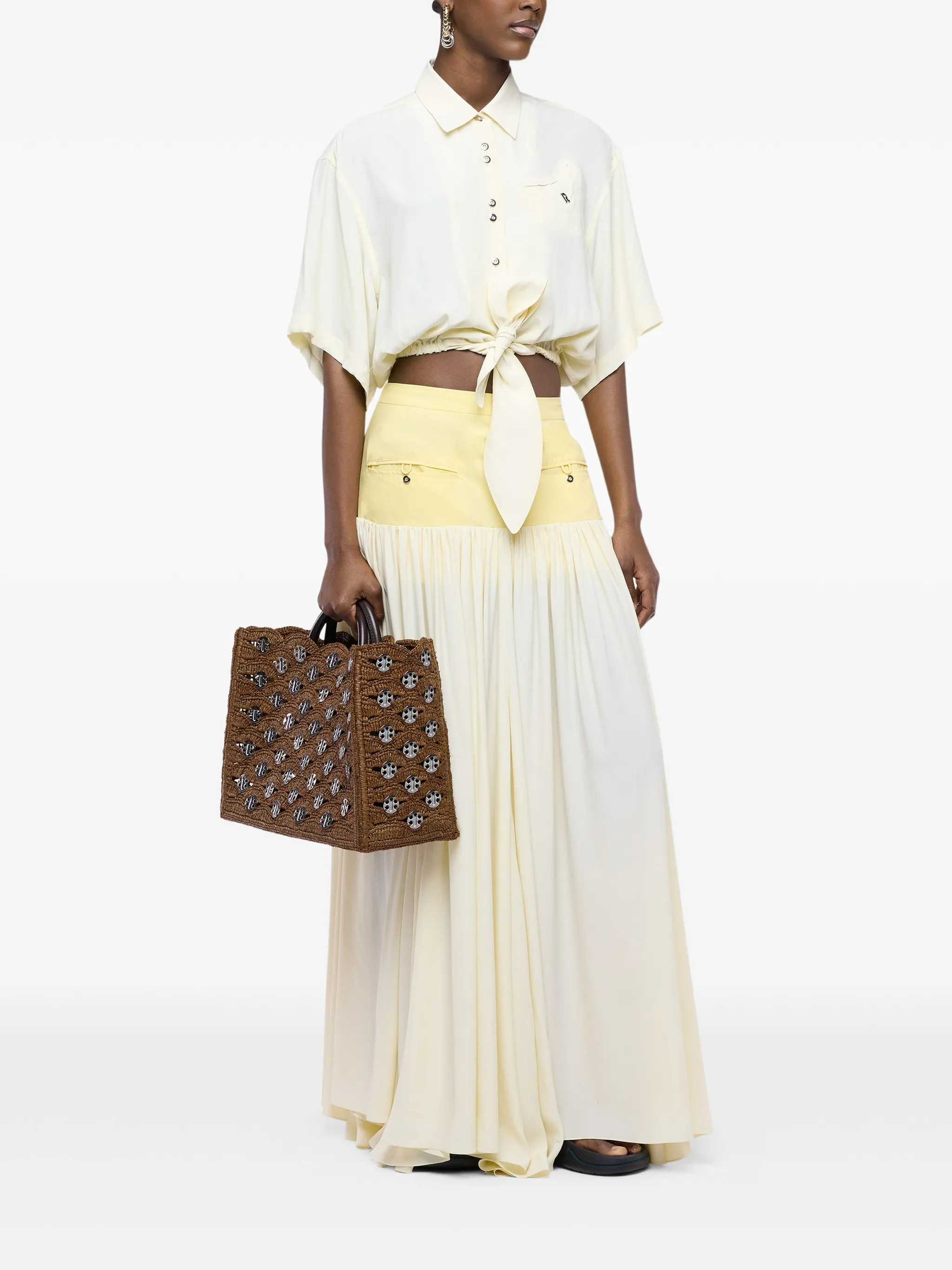 large tote bag in natural raffia with signature Iconic 1969 discs