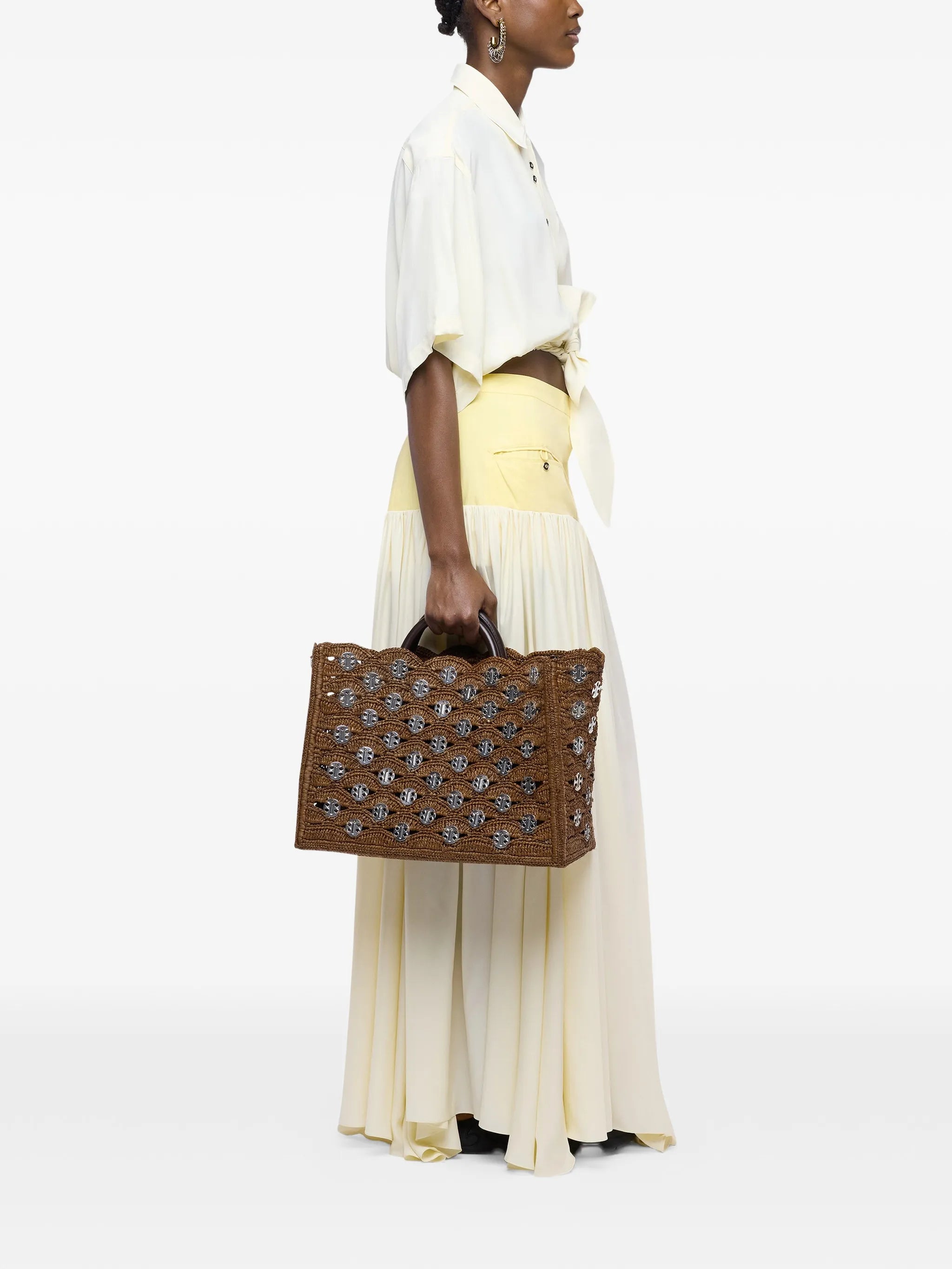 large tote bag in natural raffia with signature Iconic 1969 discs