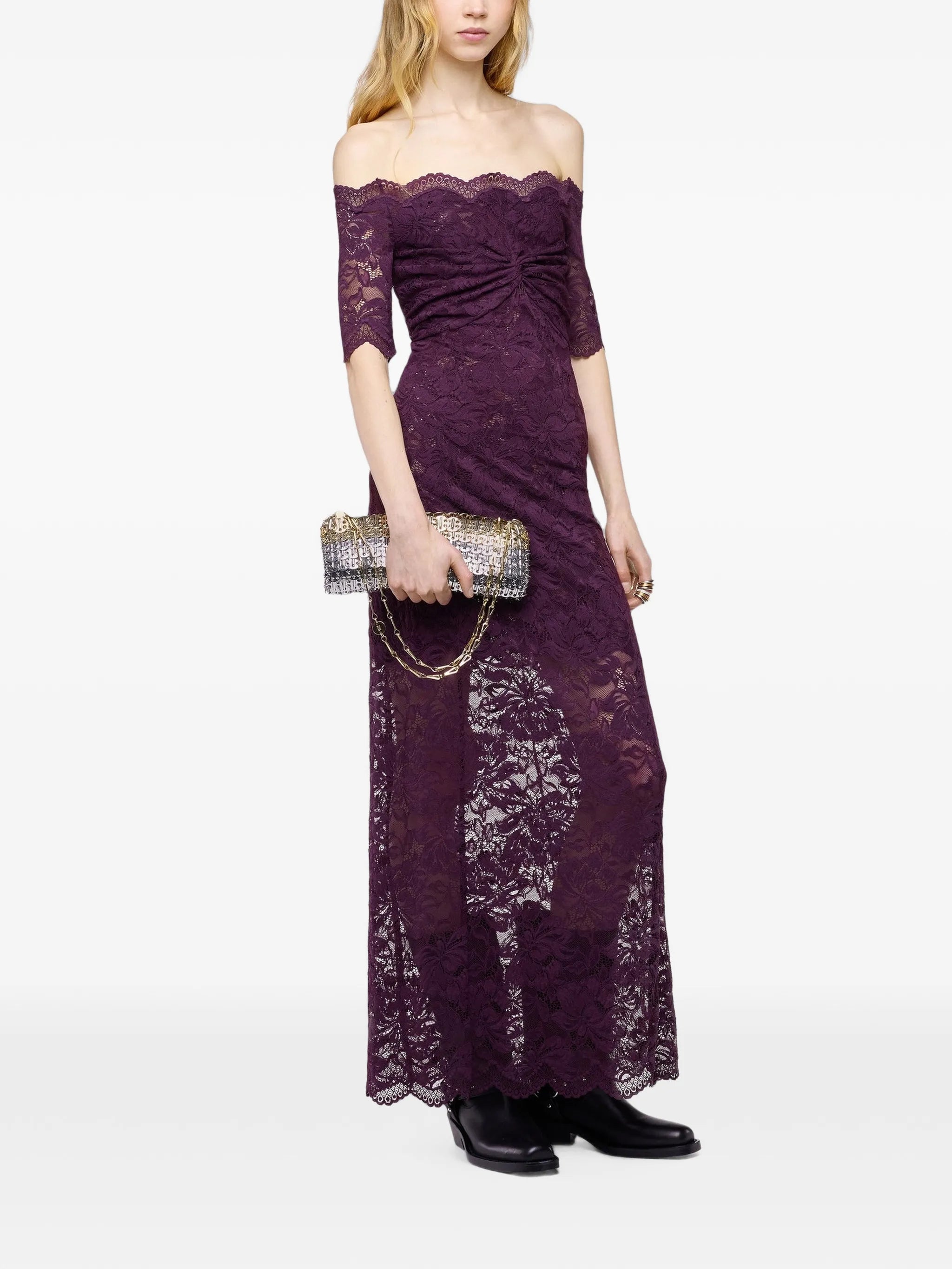 midi dress in magenta layered lace