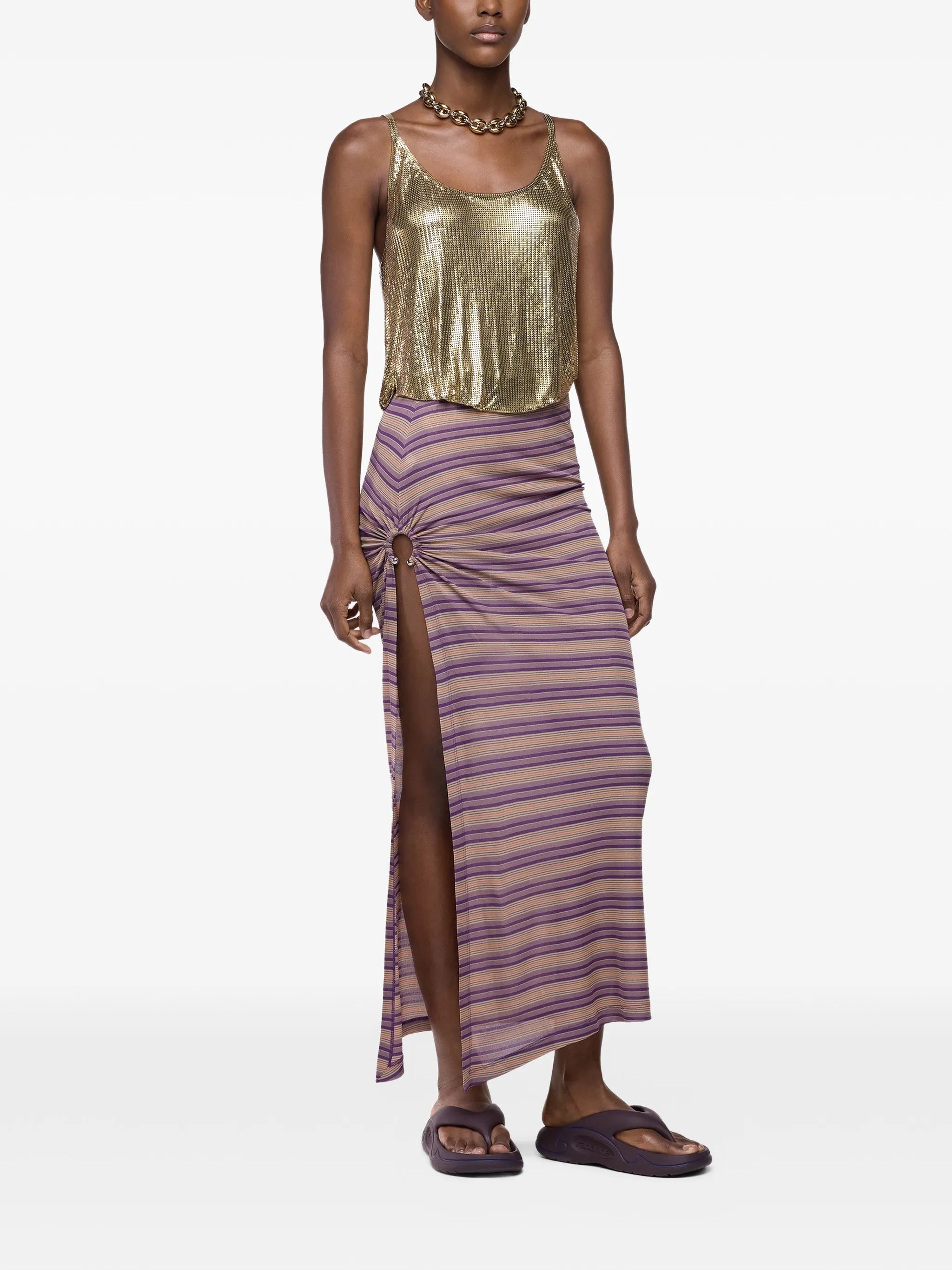 piercing-detail striped maxi skirt