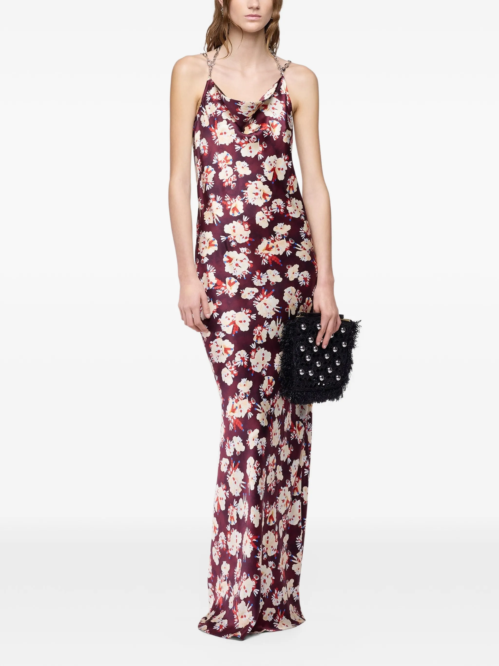 floral-patterned long dress in satin silk
