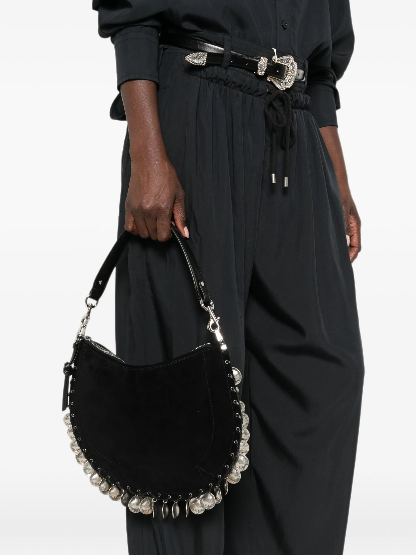 Oskan coin-embellished suede shoulder bag