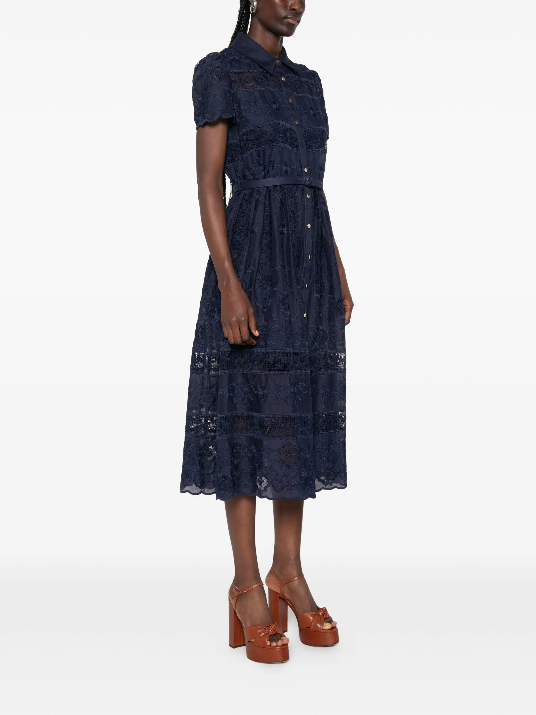 embroidered belted midi dress