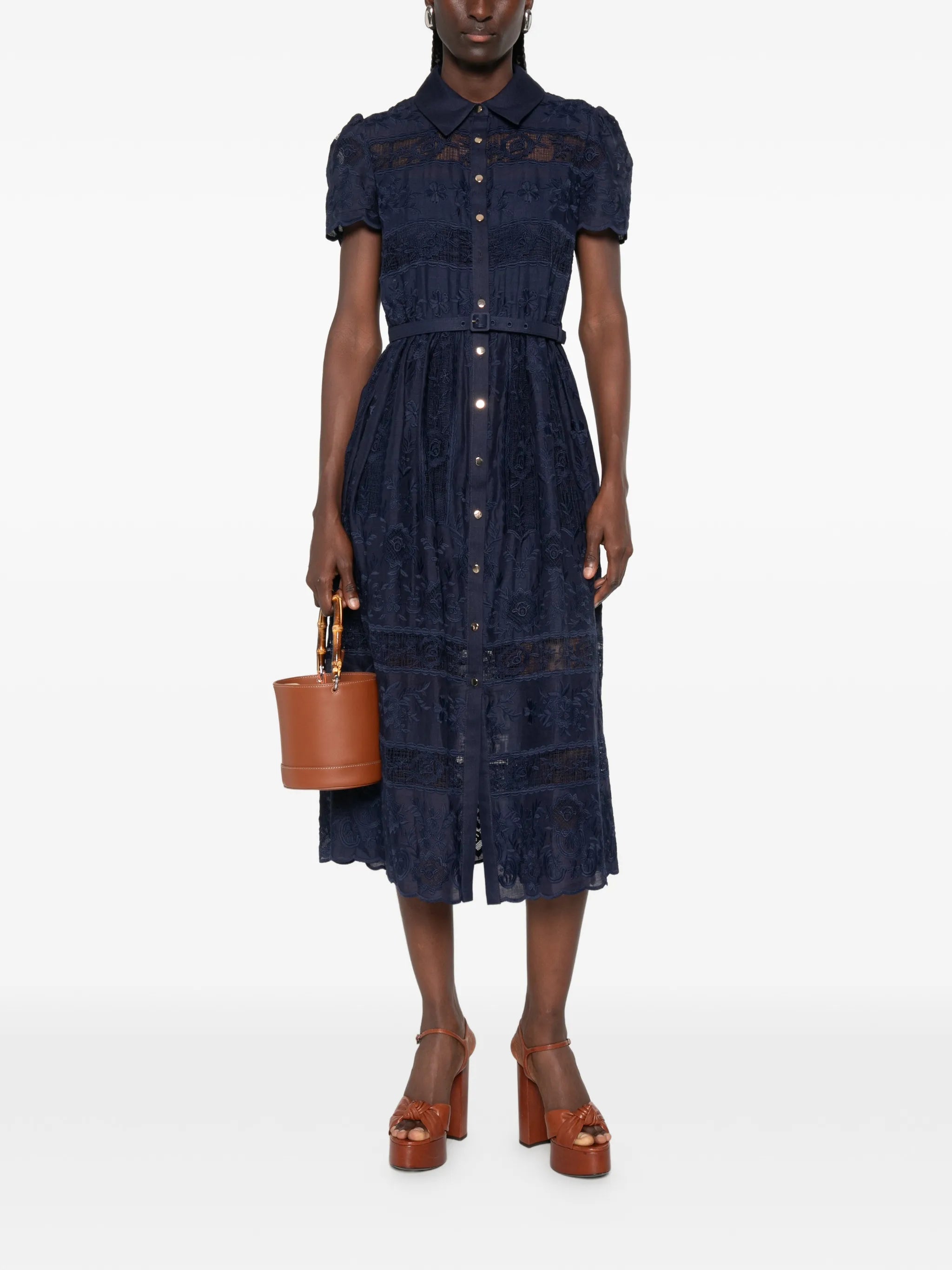 embroidered belted midi dress