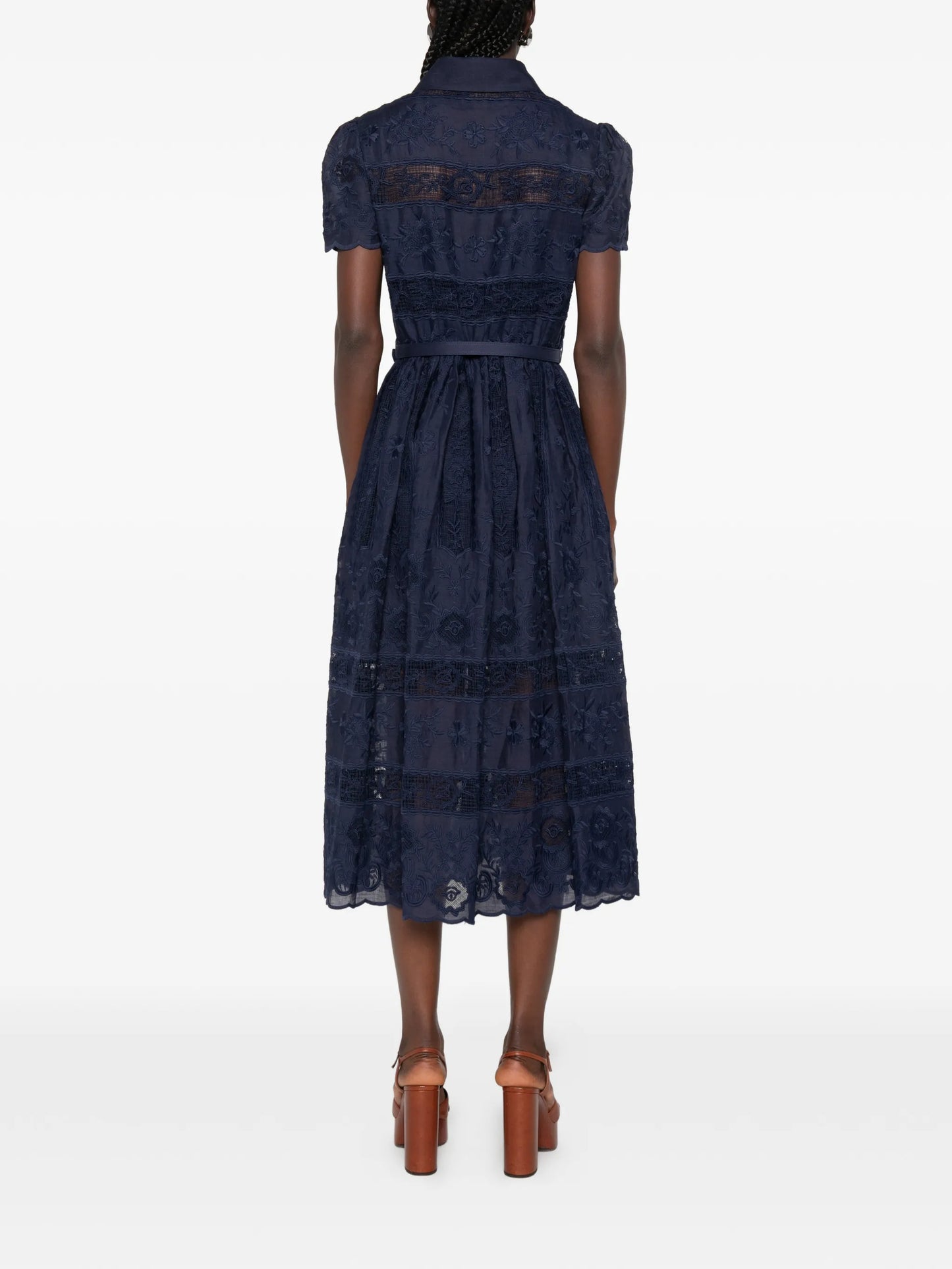 embroidered belted midi dress