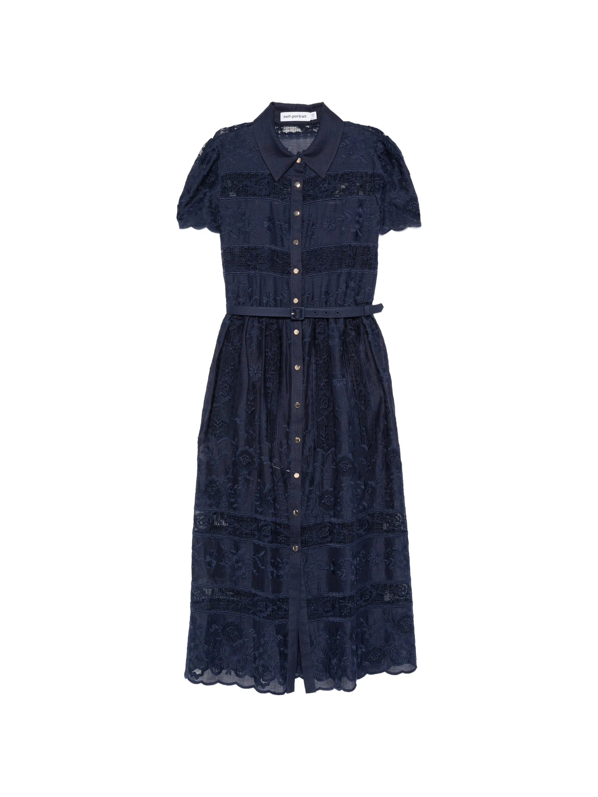 embroidered belted midi dress