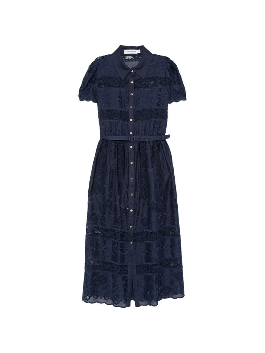 embroidered belted midi dress