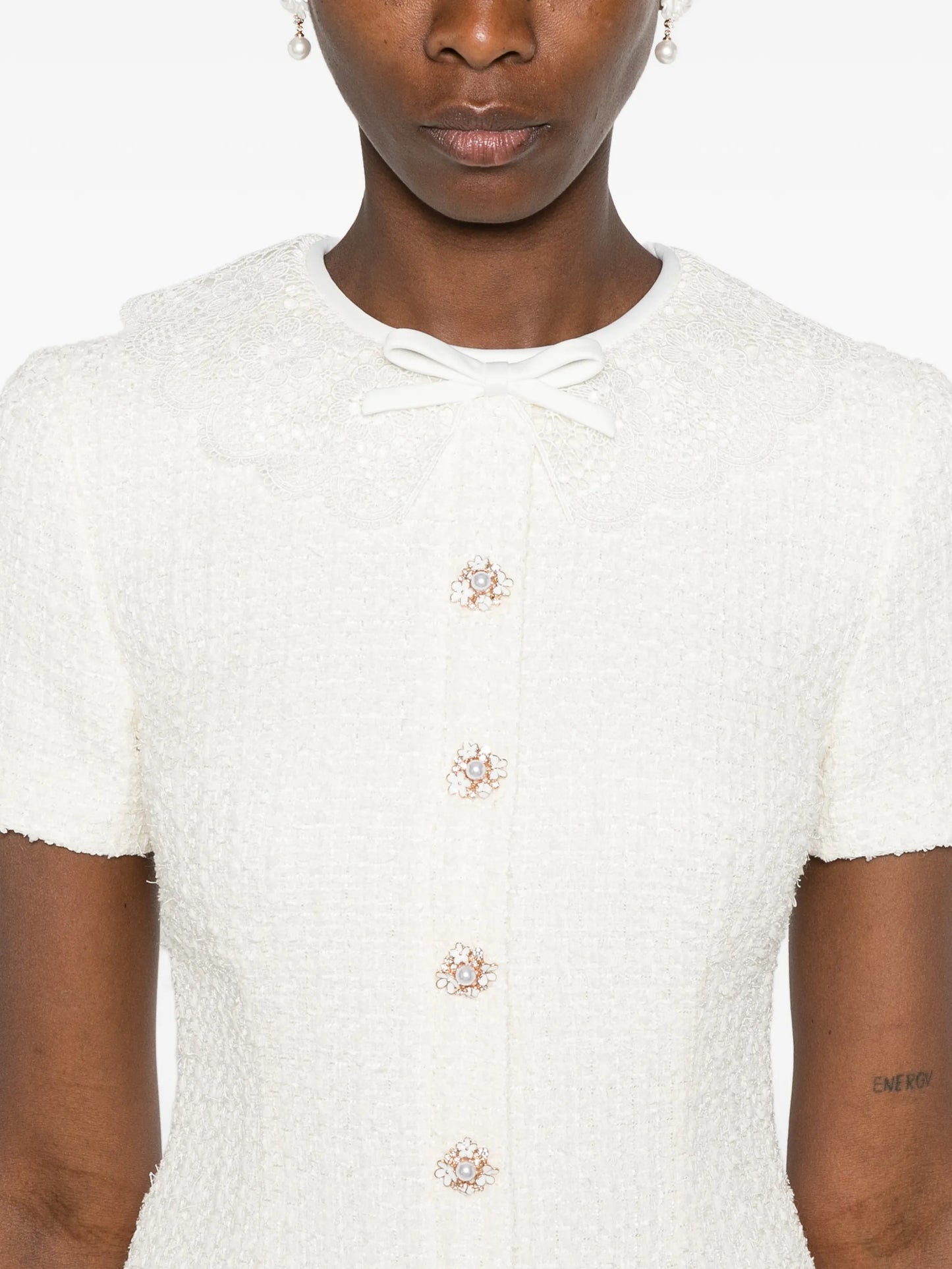 lace-trimmed bouclé mini dress