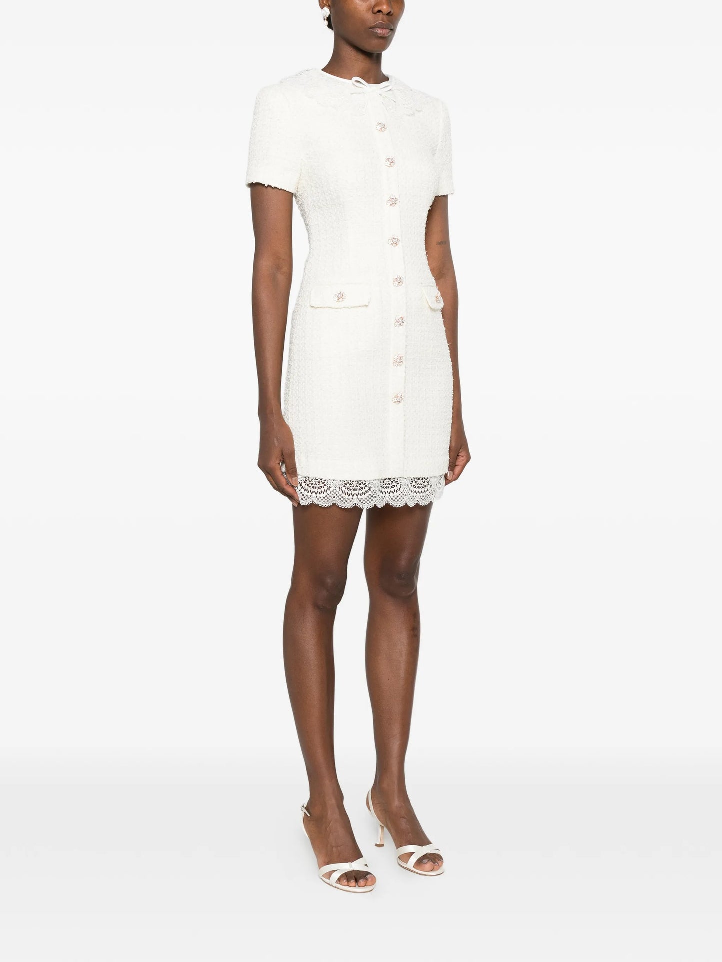 lace-trimmed bouclé mini dress