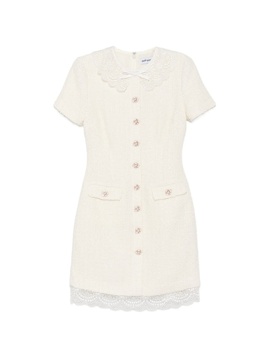 lace-trimmed bouclé mini dress