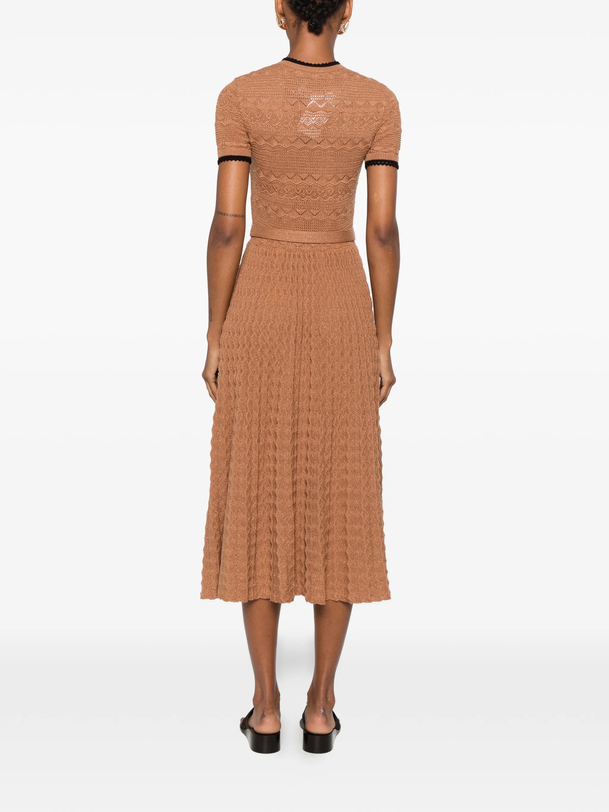 belted crochet-knit midi dress