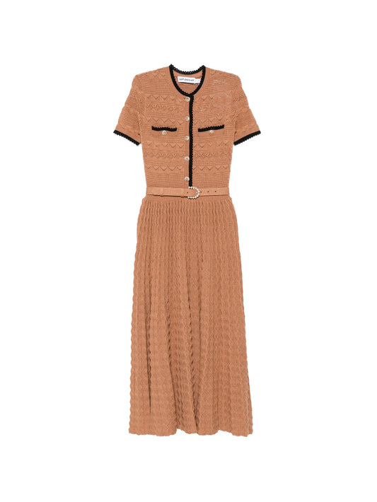belted crochet-knit midi dress