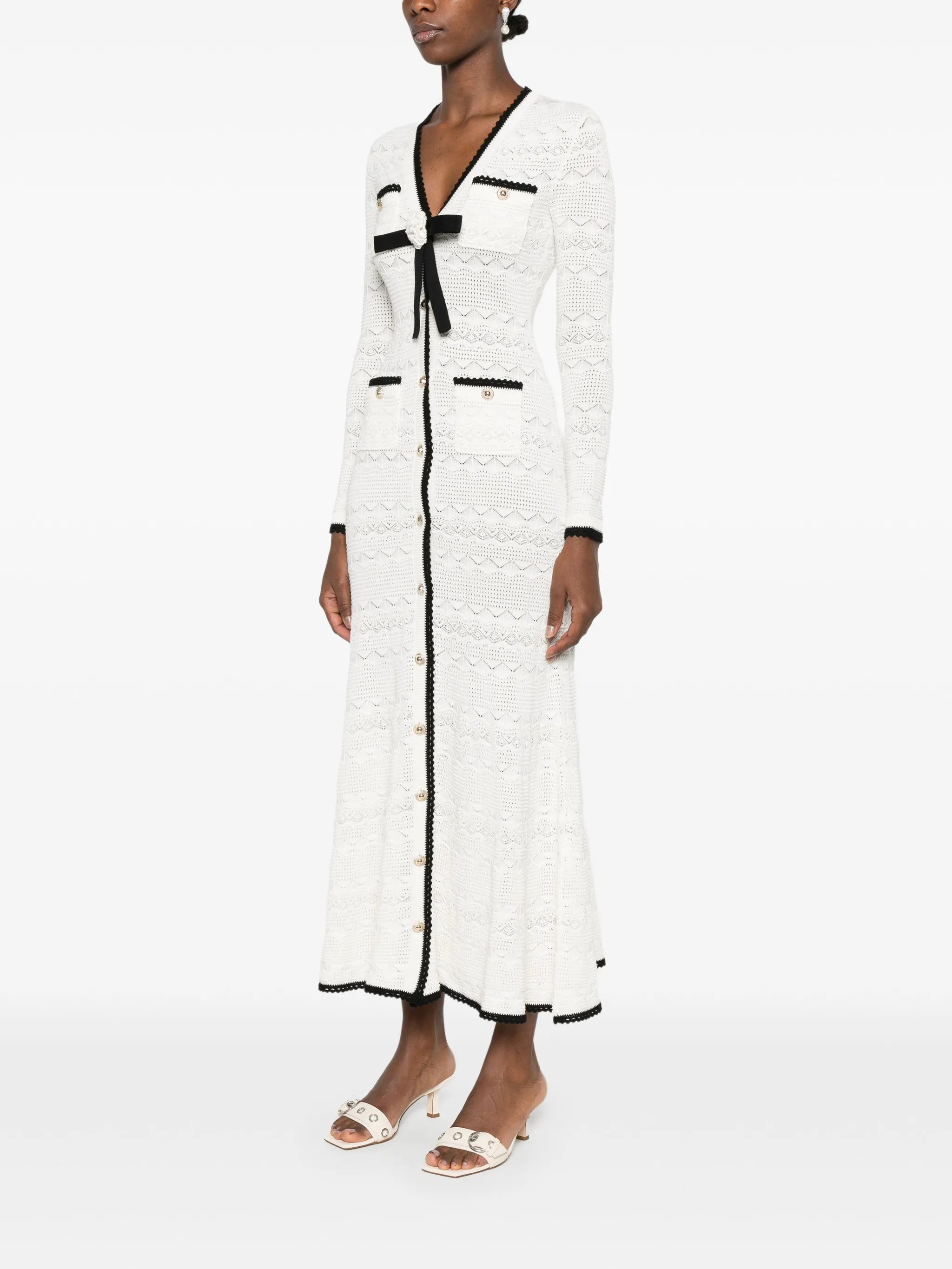 bow-detail pointelle-knit midi dress