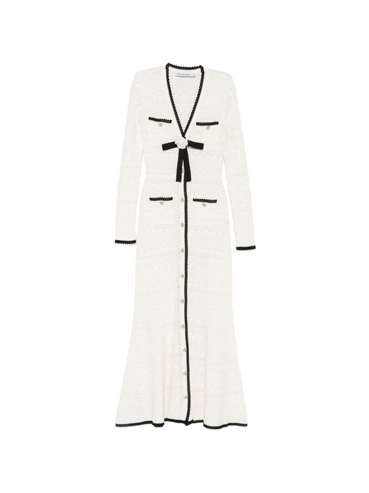 bow-detail pointelle-knit midi dress