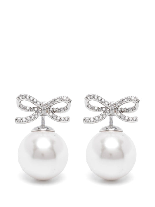 crystal-embellished bow pearl earrings