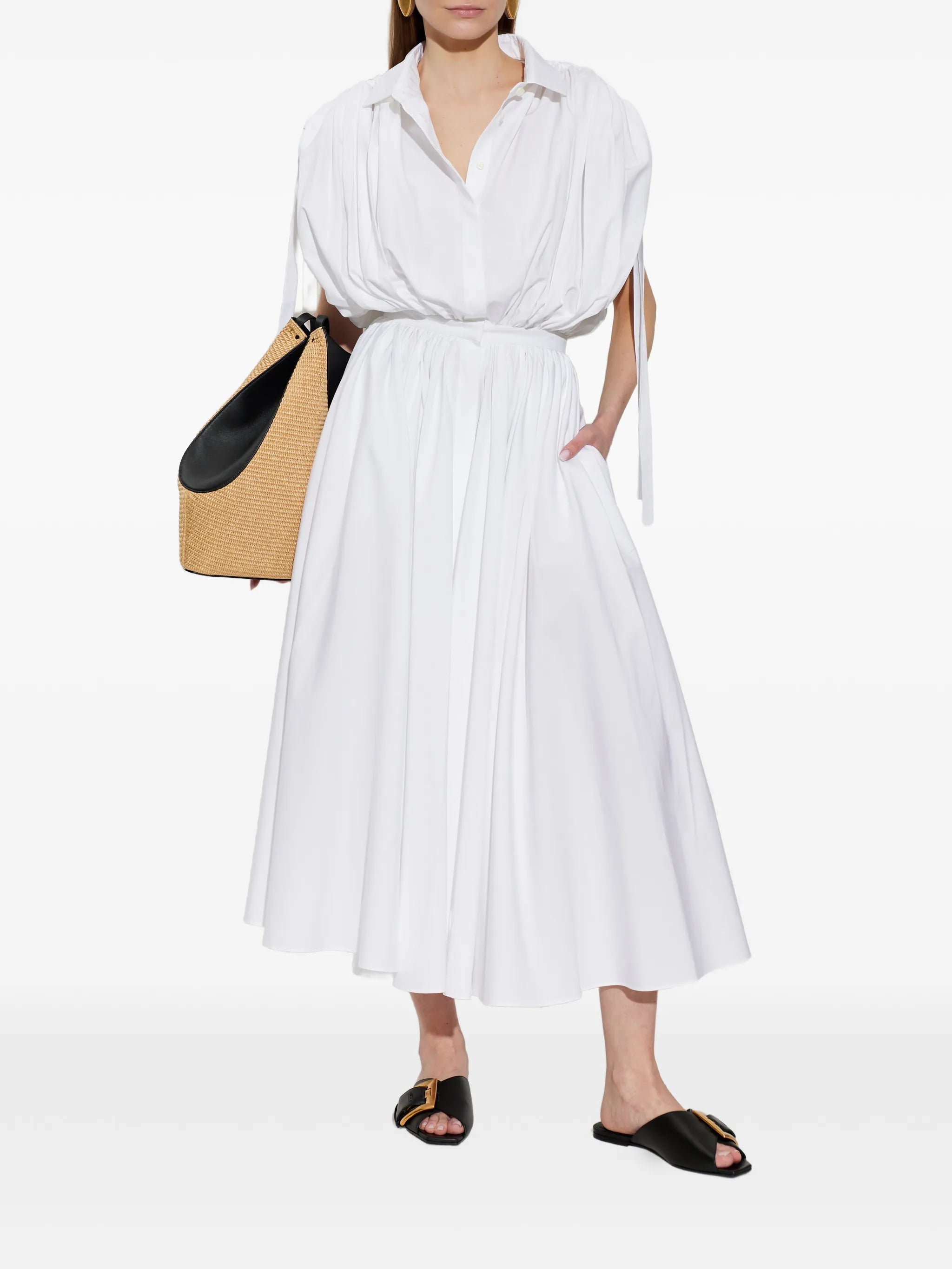 midi gathered-sleeve shirt dress